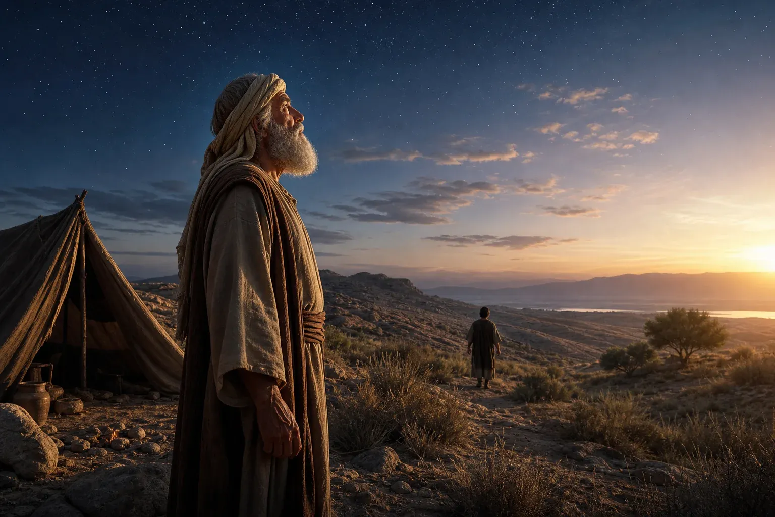 An elderly man in a desert robe standing beside his tent at nightfall, gazing up at a sky thick with stars — Abraham weighing the covenant promise and the question, Is anything too hard for the Lord