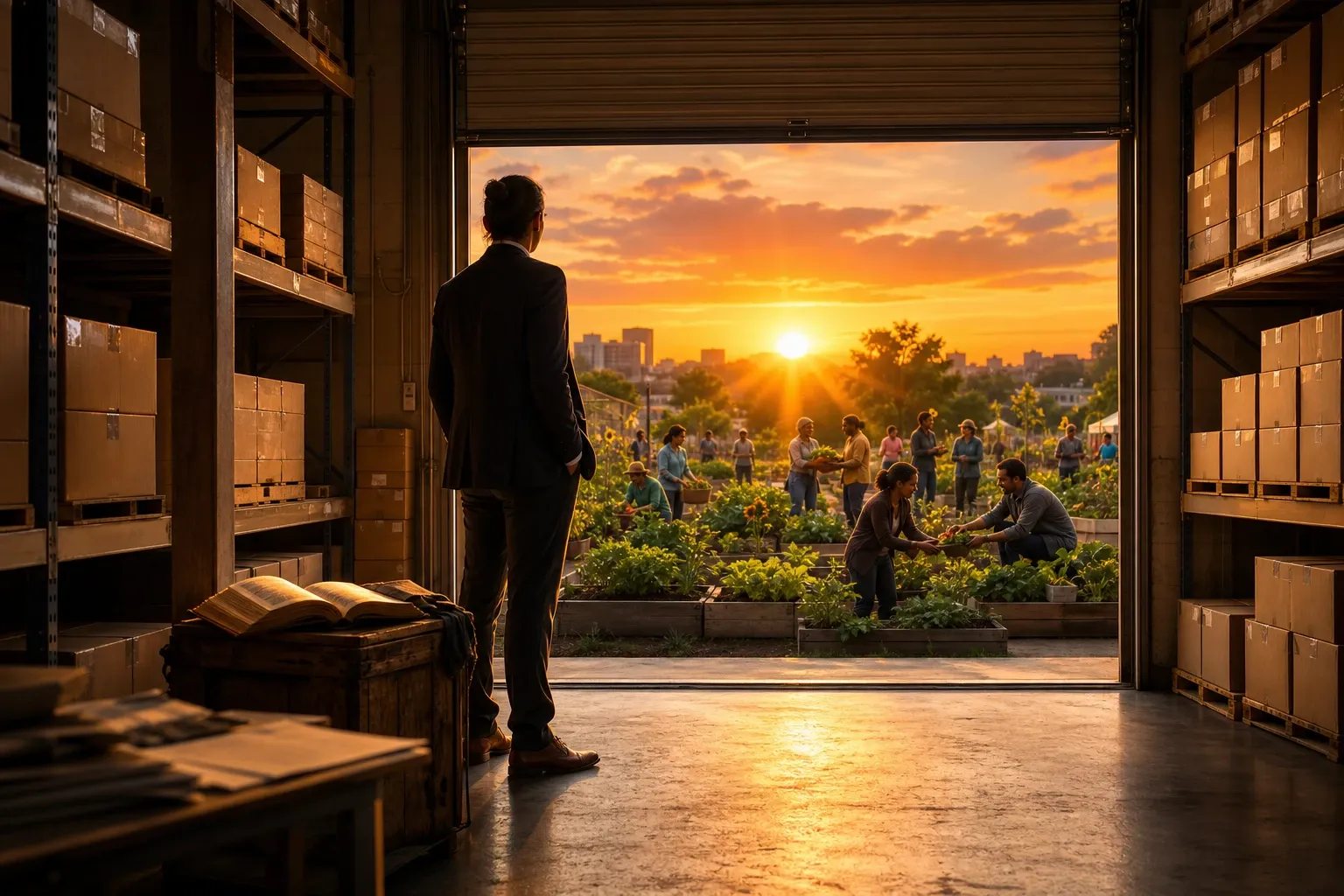 A man in a suit standing in the open doorway of a warehouse stacked to the ceiling with boxes, looking out at a community garden full of people working together in the sunset light — bigger barns on one side, being rich toward God on the other