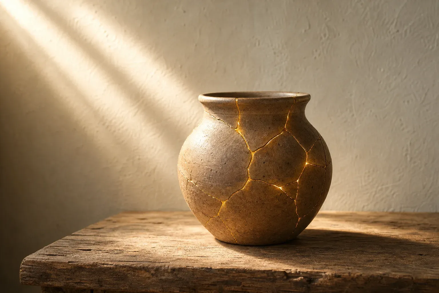 A cracked clay vessel rejoined with veins of gold in a shaft of quiet light — the boged, faithless places of the heart not thrown away but repaired and restored through repentance