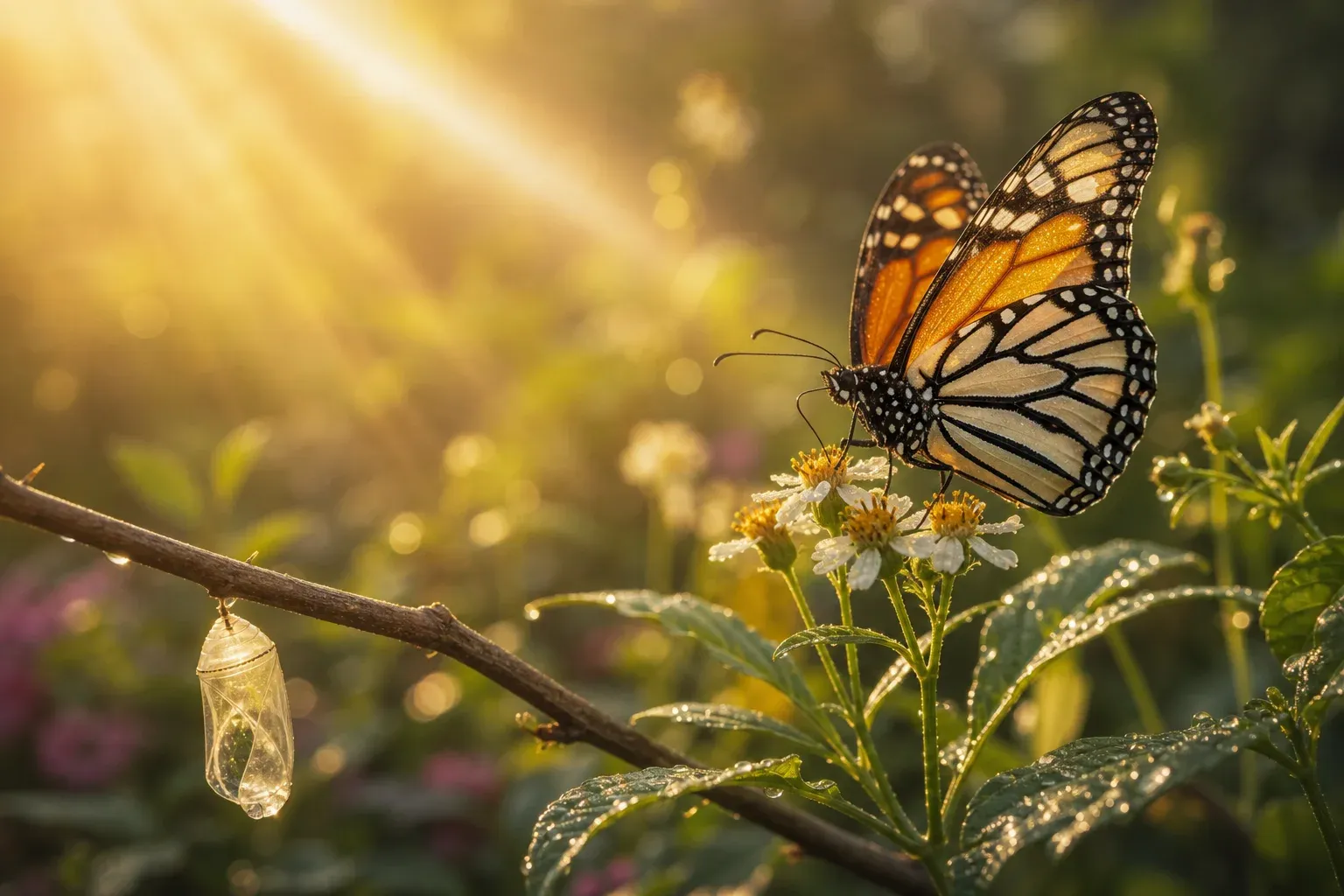 A monarch butterfly resting in the dawn light beside the empty chrysalis it has left behind on a bare branch — the new creation that no longer devours but pollinates and brings life