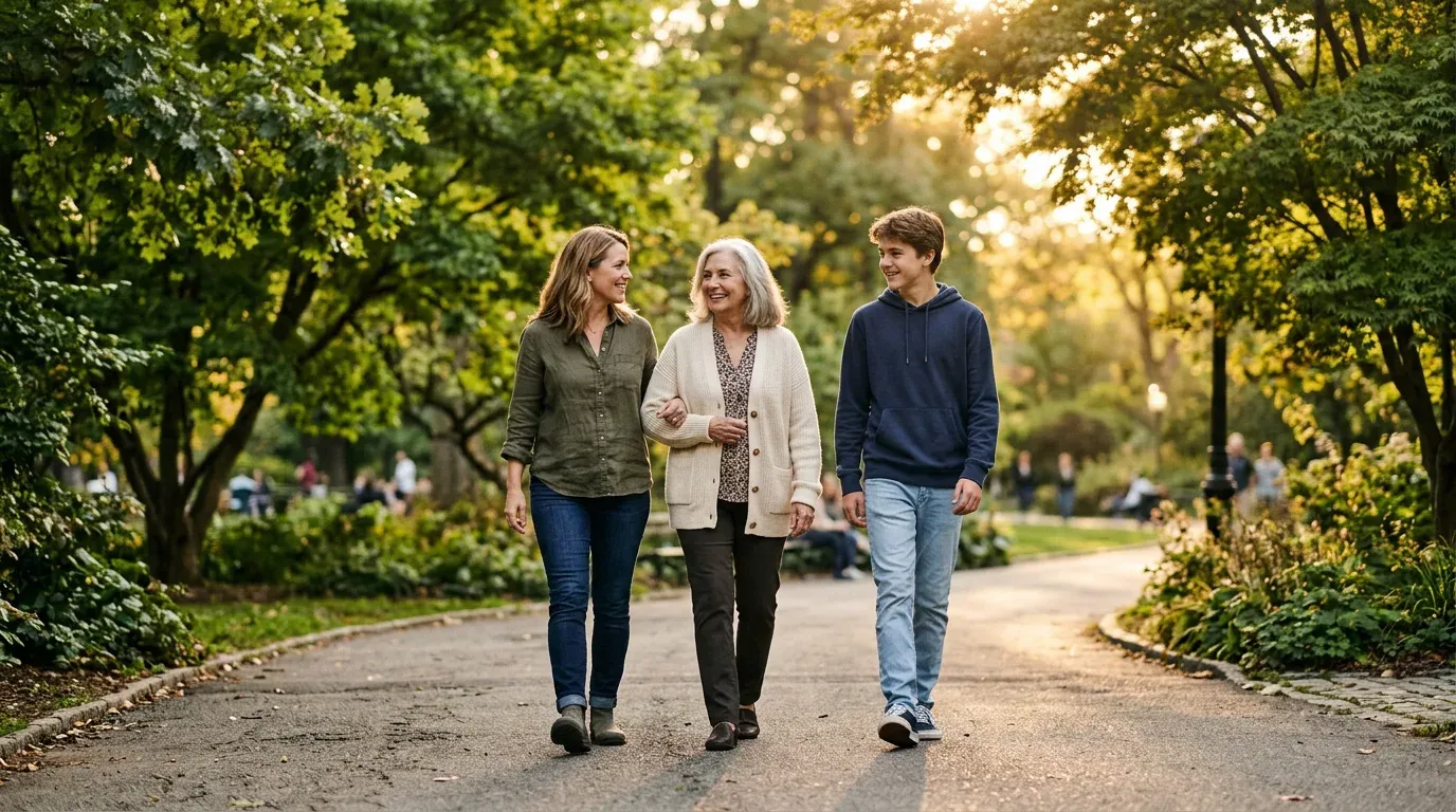 A grandmother walking arm in arm with her daughter and teenage grandson along a tree-lined park path in golden light