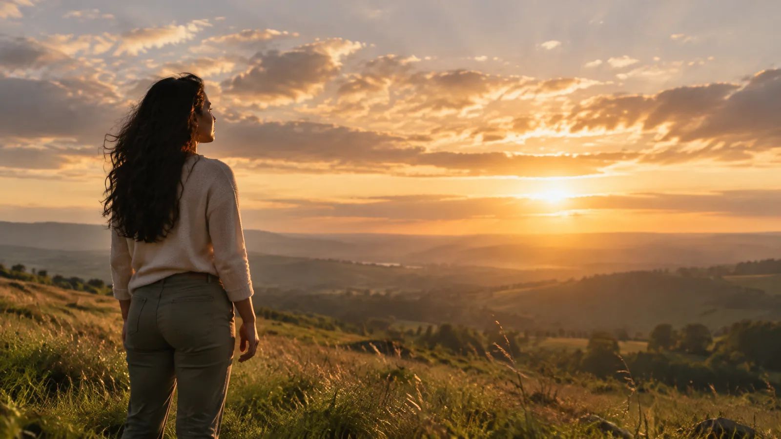 A woman standing on a grassy hilltop at sunrise, looking toward the golden light breaking over the valley — O death, where is thy victory?