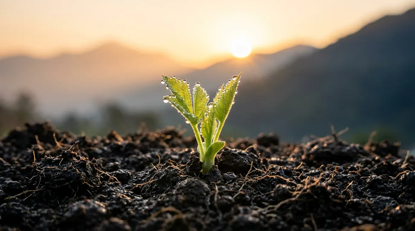 A small green shoot with dew drops rising out of dark soil as the sun comes up behind the mountains