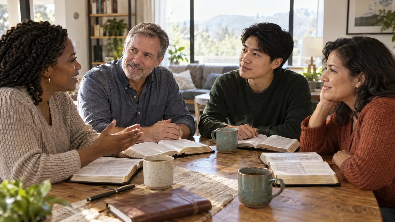 Four friends gathered around a wooden table with open Bibles and coffee mugs, studying Scripture together in a sunlit living room