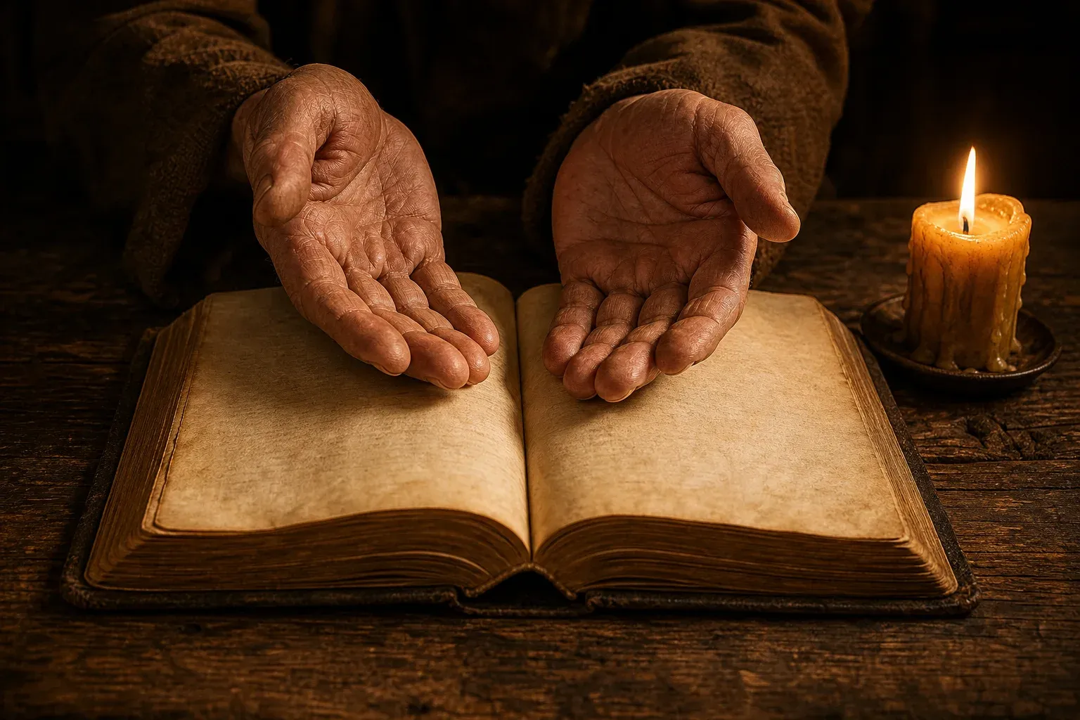 Two open hands resting palm-up beside an open Bible in warm candlelight — the surrendered posture of David's prayer, asking God to search the heart and reveal every hidden thing