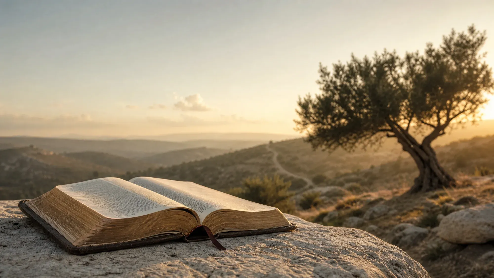 An open ancient Bible resting on a sunlit rock, an olive tree and Judean hills glowing at golden hour — Scripture as the covenant ground where emunah, active two-way faithfulness, is learned
