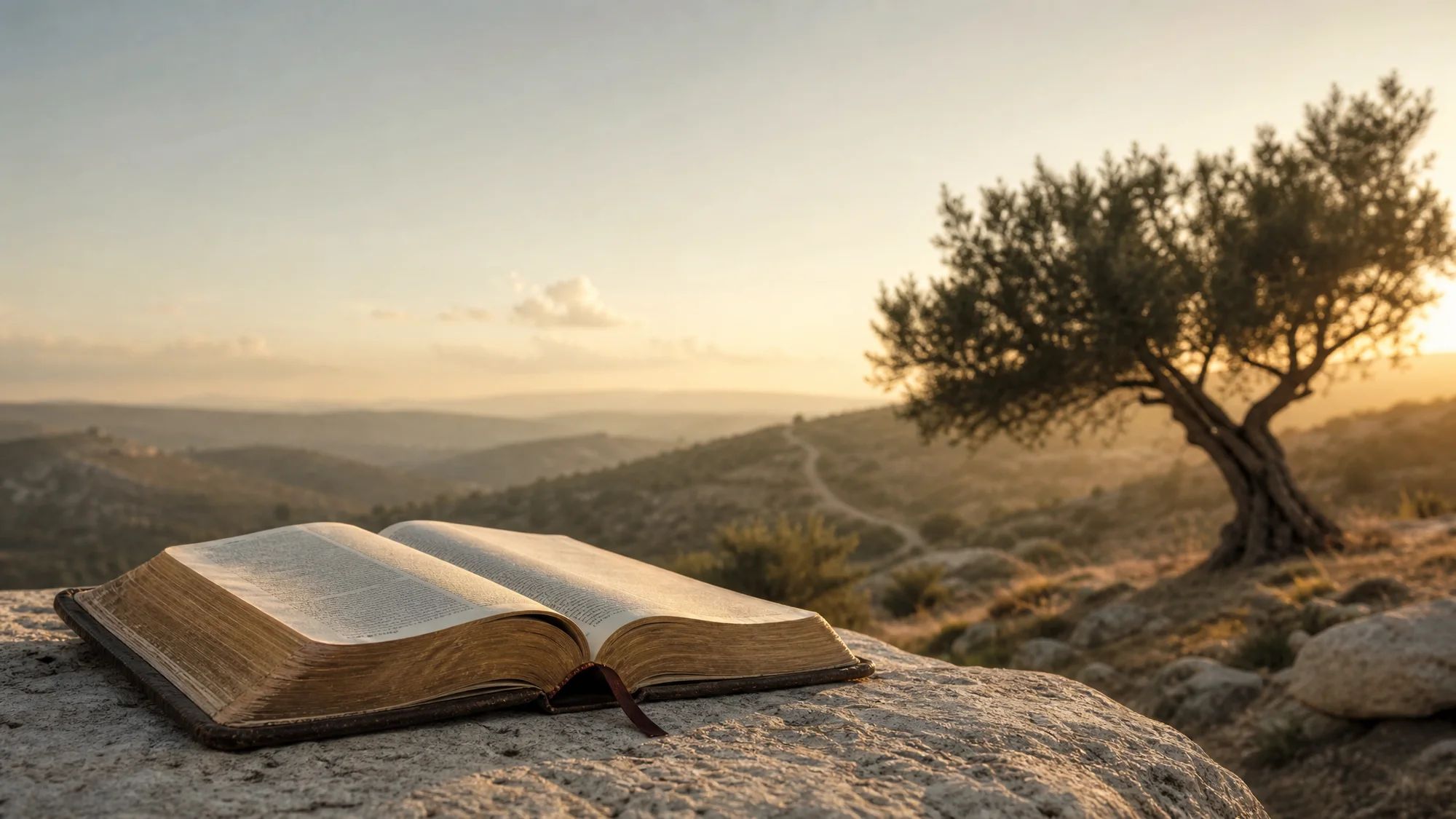 An open ancient Bible resting on a sunlit rock, an olive tree and Judean hills glowing at golden hour — Scripture as the covenant ground where emunah, active two-way faithfulness, is learned