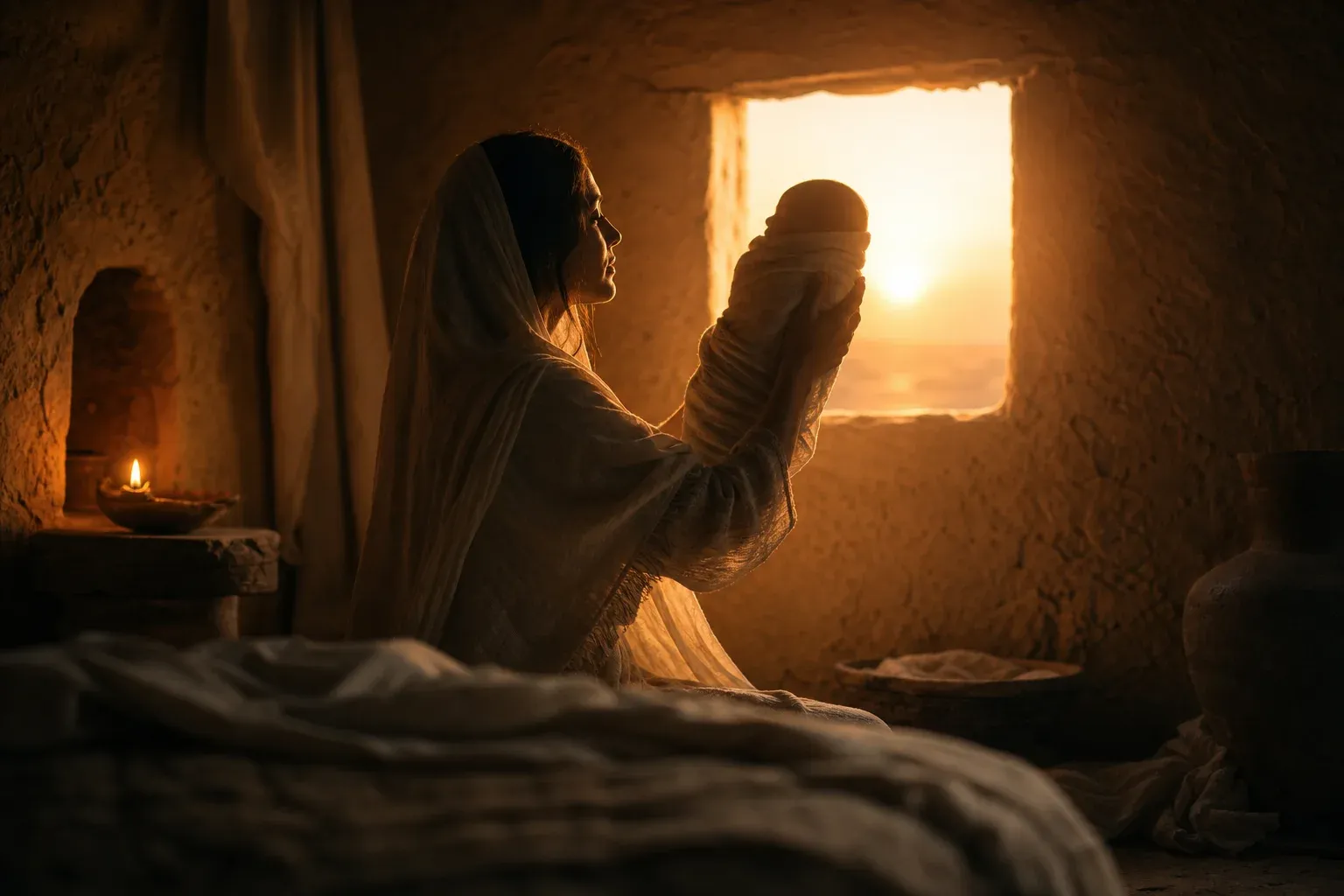 A woman lifting her swaddled newborn son toward the light of a window at first dawn, an oil lamp burning nearby — Hannah giving Samuel back to the God she made her covenant with, faithfulness that moved heaven