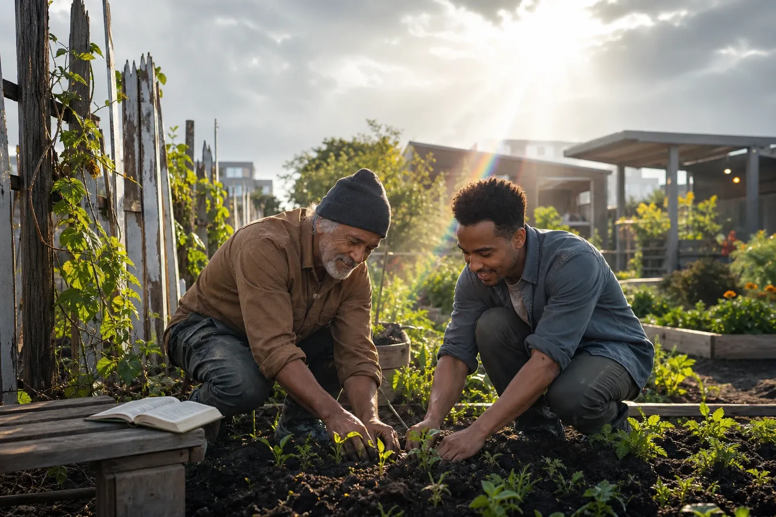 An older man and a younger man kneeling side by side in dark soil planting seedlings in a community garden as sunlight breaks through the clouds — time invested in people and in the works God prepared, which outlasts everything else
