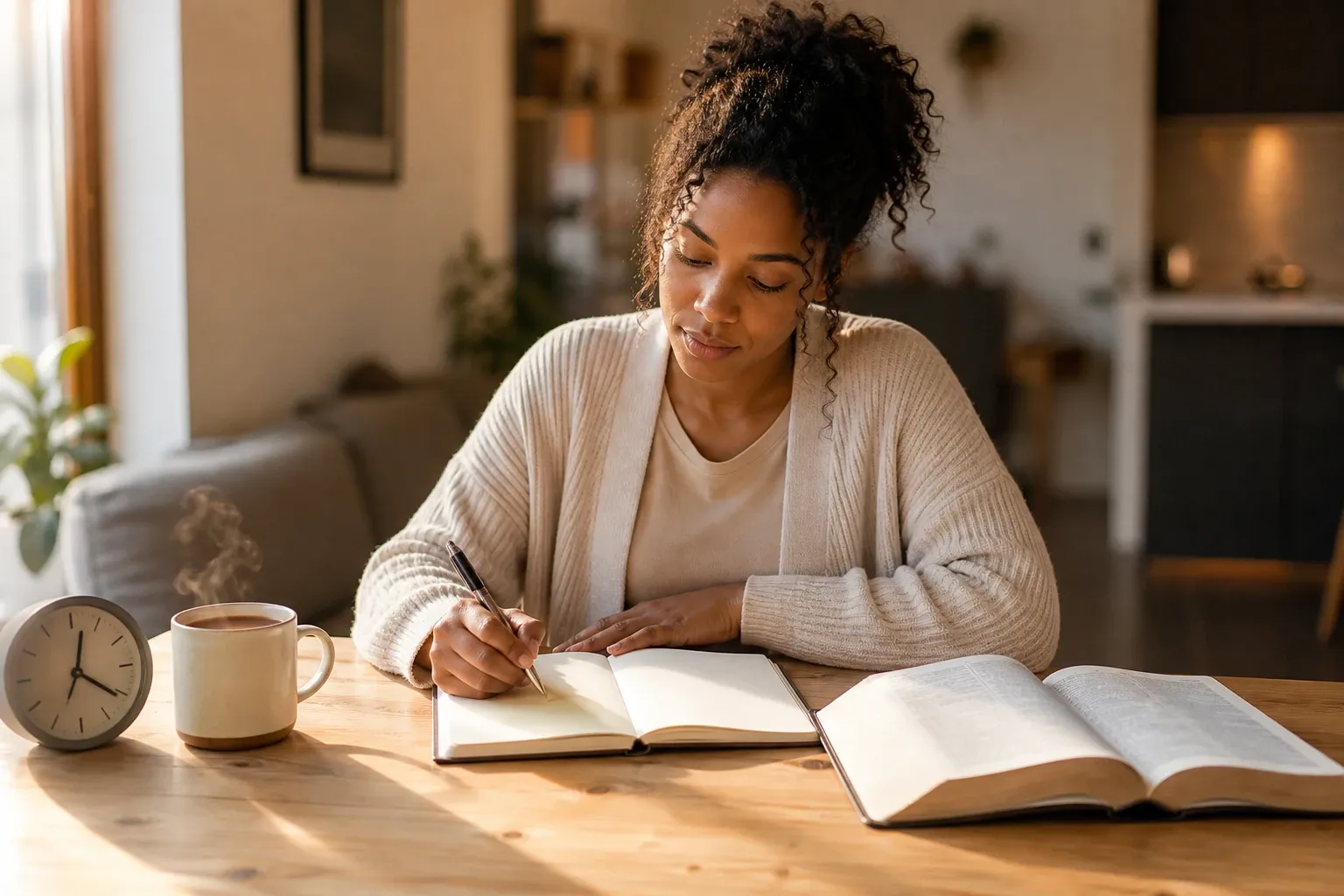 A woman writing in a journal at a sunlit wooden table beside a small analog alarm clock, a steaming mug, and an open Bible — the daily practice of numbering our days and asking God what this one is for