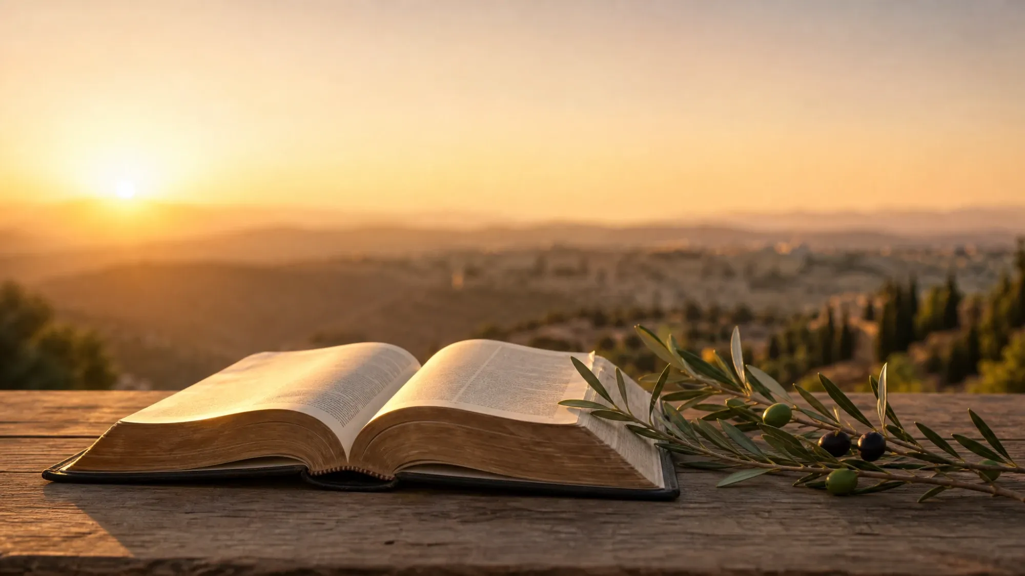 An open Bible with an olive branch overlooking the Judean hills at dawn — shalom, the wholeness and completeness of God, breaking like sunrise over a still landscape