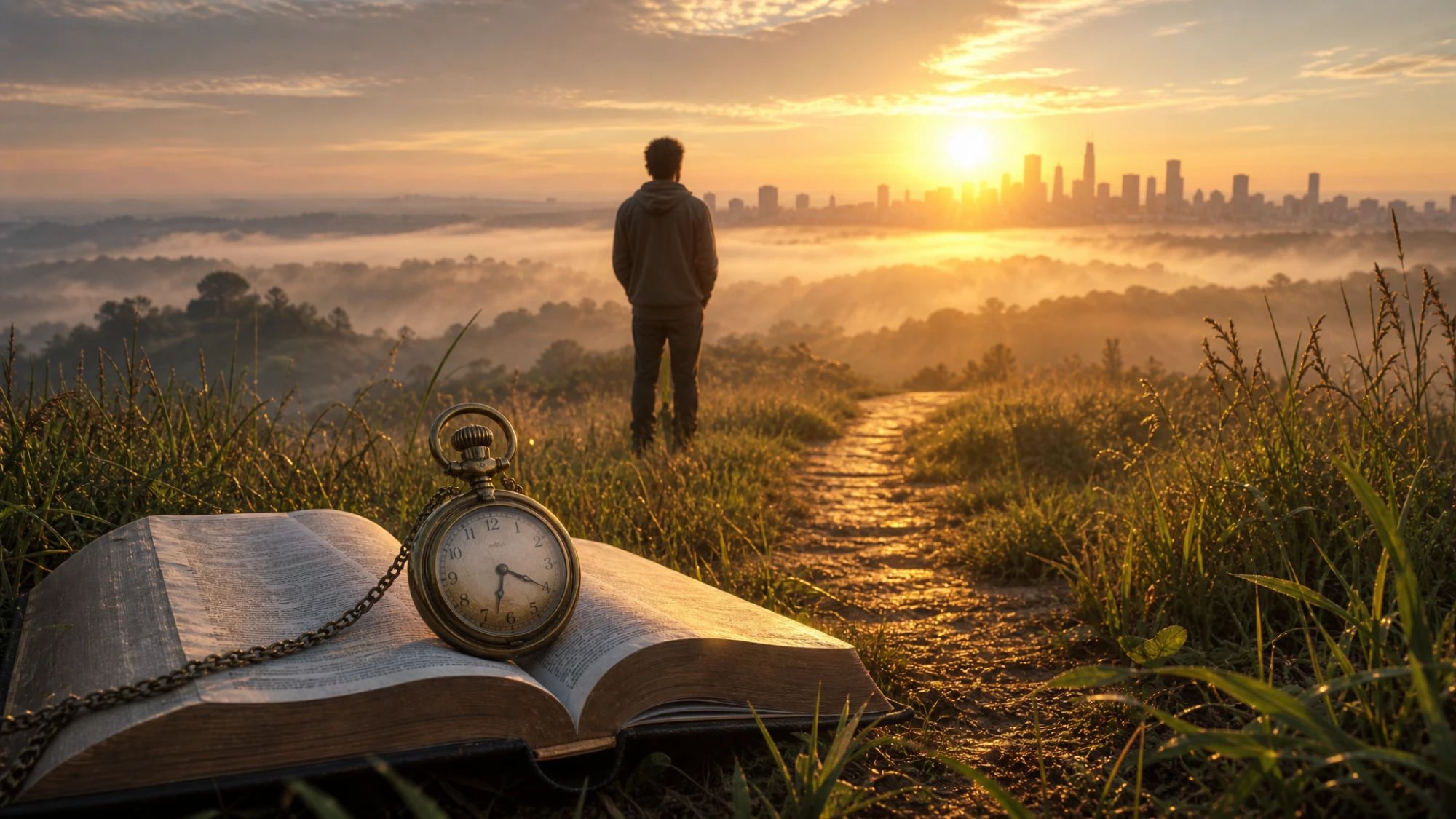 An open Bible lying in dewy hilltop grass with an antique pocket watch resting on its pages, a lone figure standing on the path ahead facing a golden sunrise over a distant city skyline — time measured by God's Word rather than by the clock