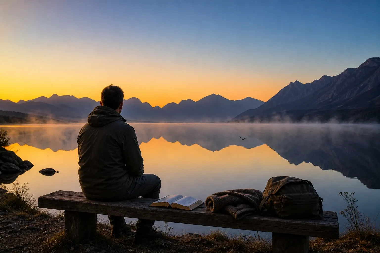 A man sitting alone on a weathered wooden bench before a mirror-still mountain lake at dawn, an open Bible and folded blanket beside him and mist rising off the water — waiting on the Lord as active, strengthening trust rather than lost time
