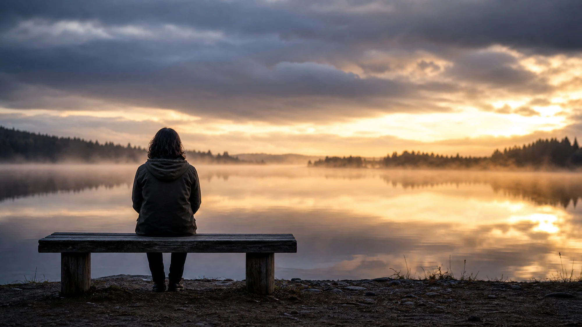A person sitting at rest on a wooden bench before a still lake at dawn, mist lifting as golden light breaks over the water — peace received in stillness, not manufactured by striving