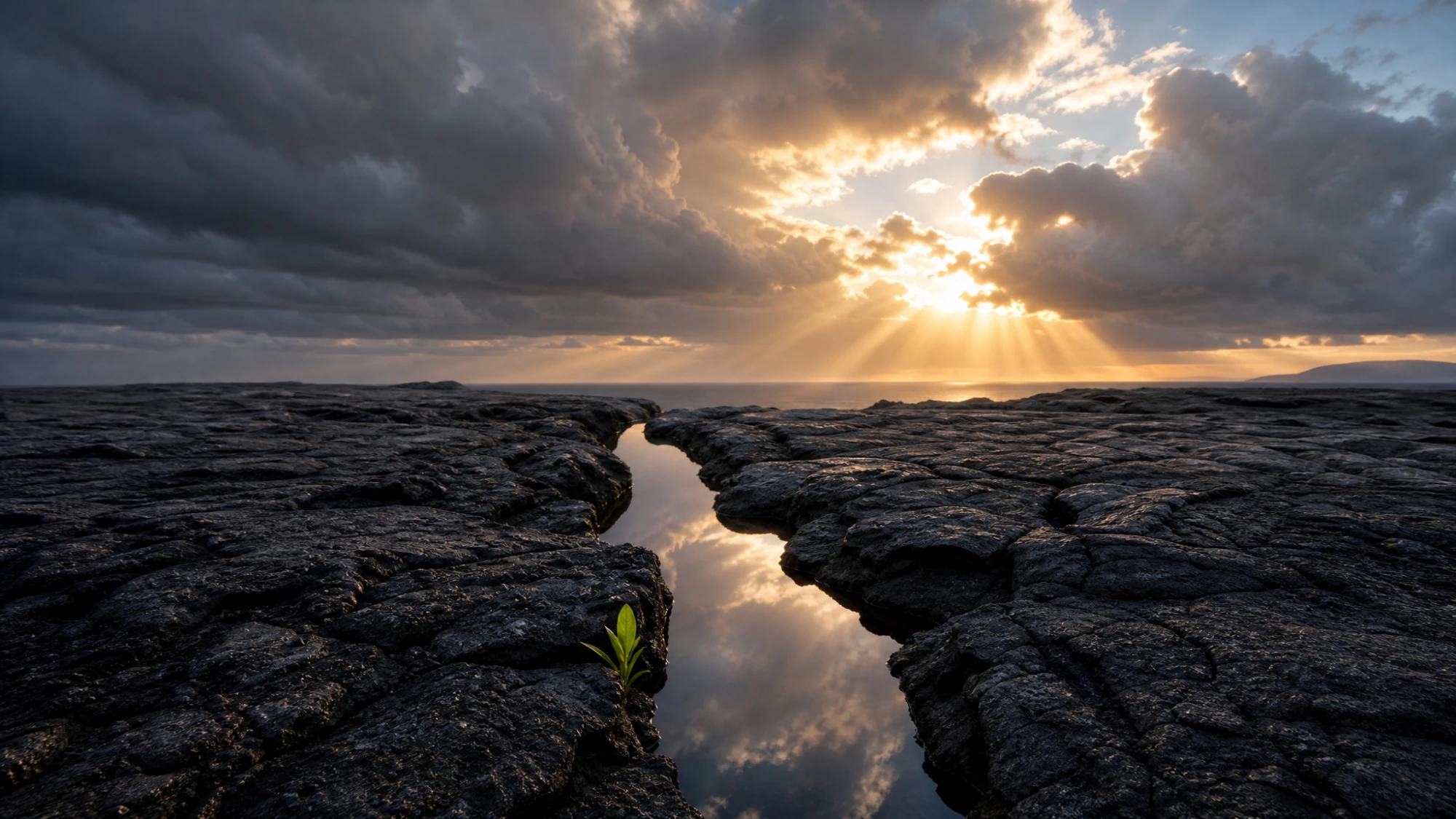 A vast plain of cracked volcanic rock under storm clouds, the fissures reflecting the sky as the sun bursts through, one green shoot rising from the crust — the thin surface of manufactured peace over the tohu va-bohu beneath