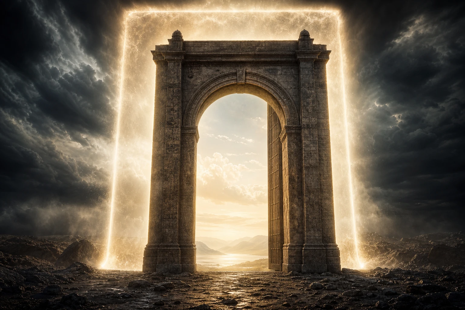 An ancient stone gateway standing against storm-dark skies, blazing golden light filling the arch and guarding the threshold to a peaceful valley beyond — phroureo, the garrison of God's peace posted at the gate of the heart and mind