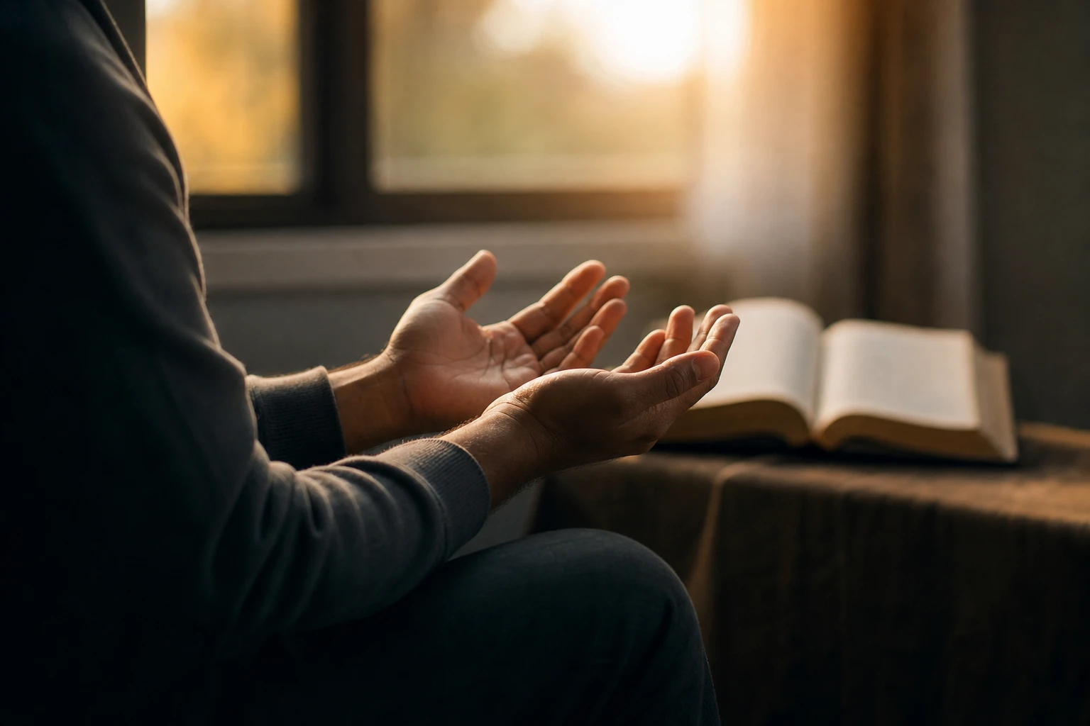 A man seated by a window at golden hour with open hands lifted in prayer, an open Bible on the table beside him — the Philippians 4:6 posture of presenting requests to God with thanksgiving