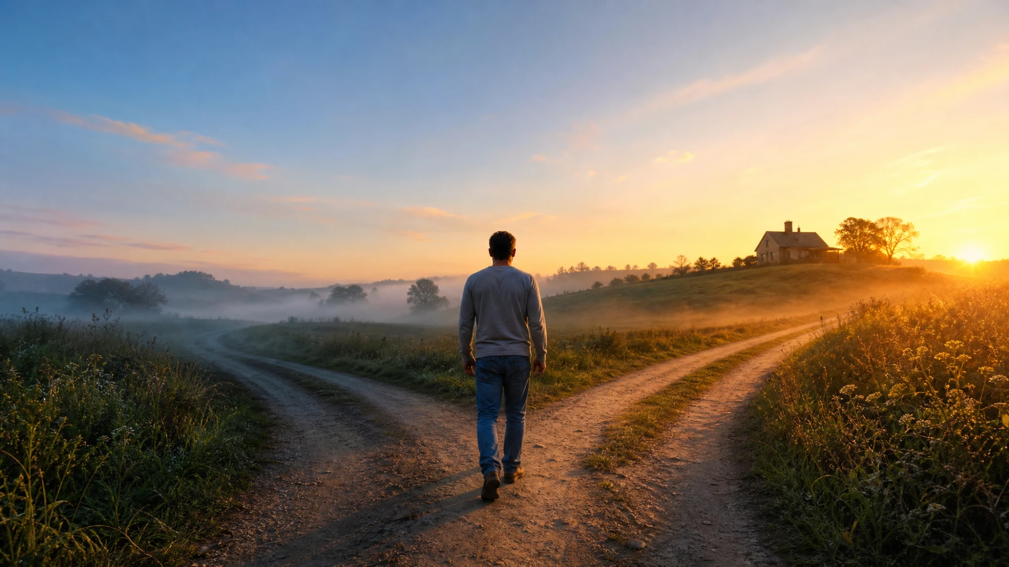 A traveler standing at a fork in a country road at sunrise, choosing the warmly lit path toward a house on the hill — the turning of repentance toward home