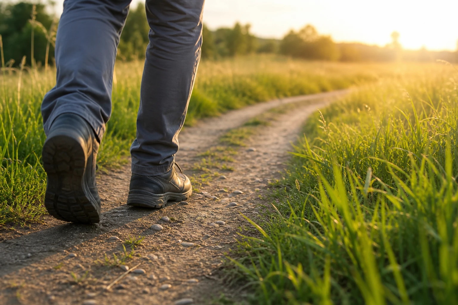 Close view of a man's boots stepping onto a sunlit path through green fields — shuv, the physical turning back toward home