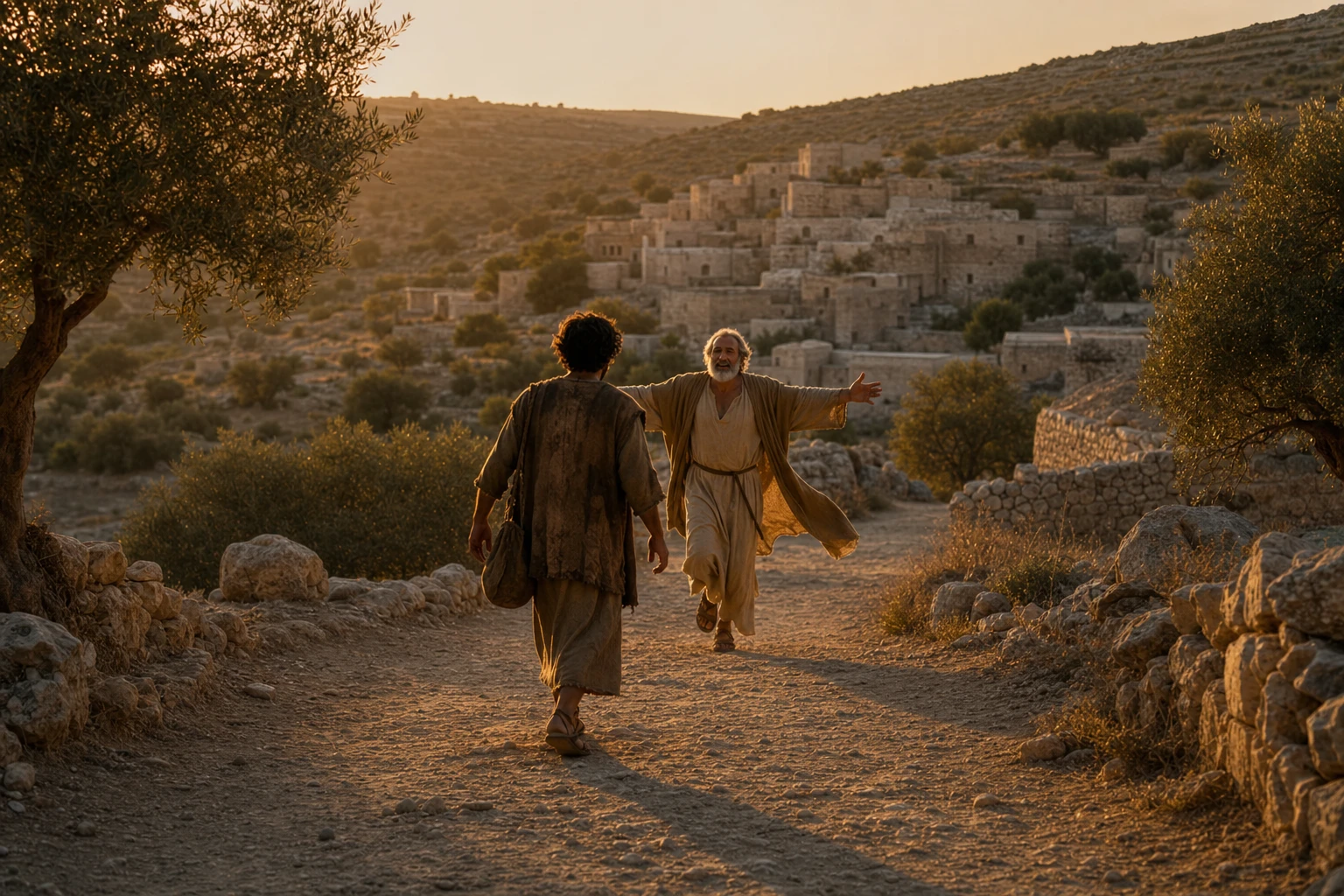 A father running down a stone village path with arms outstretched to welcome his returning son at golden hour — the Father runs while we are still far off