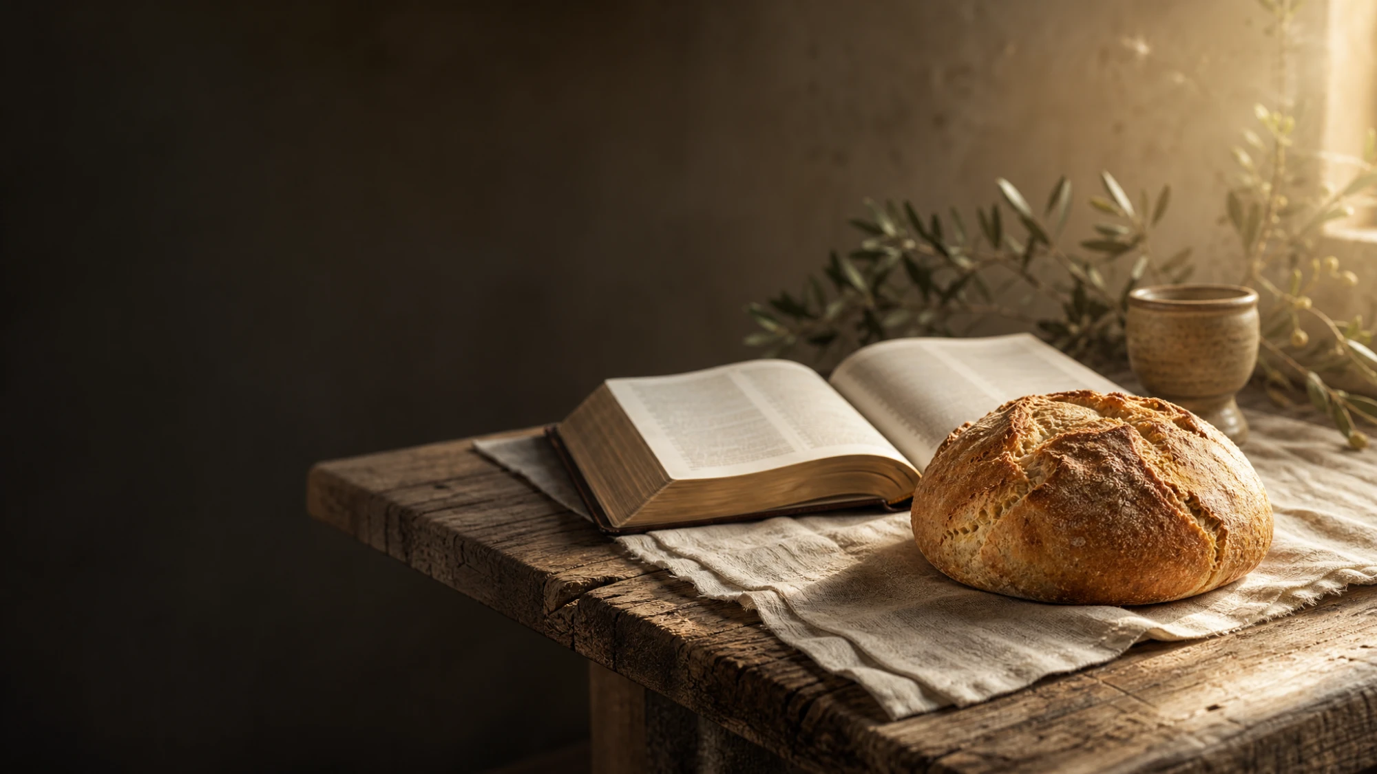 A rustic loaf of fresh bread beside an open Bible on a linen runner across a weathered wooden table, warm golden light falling over the pages and an olive branch behind — the children's bread, God's daily provision prepared and set out for His own
