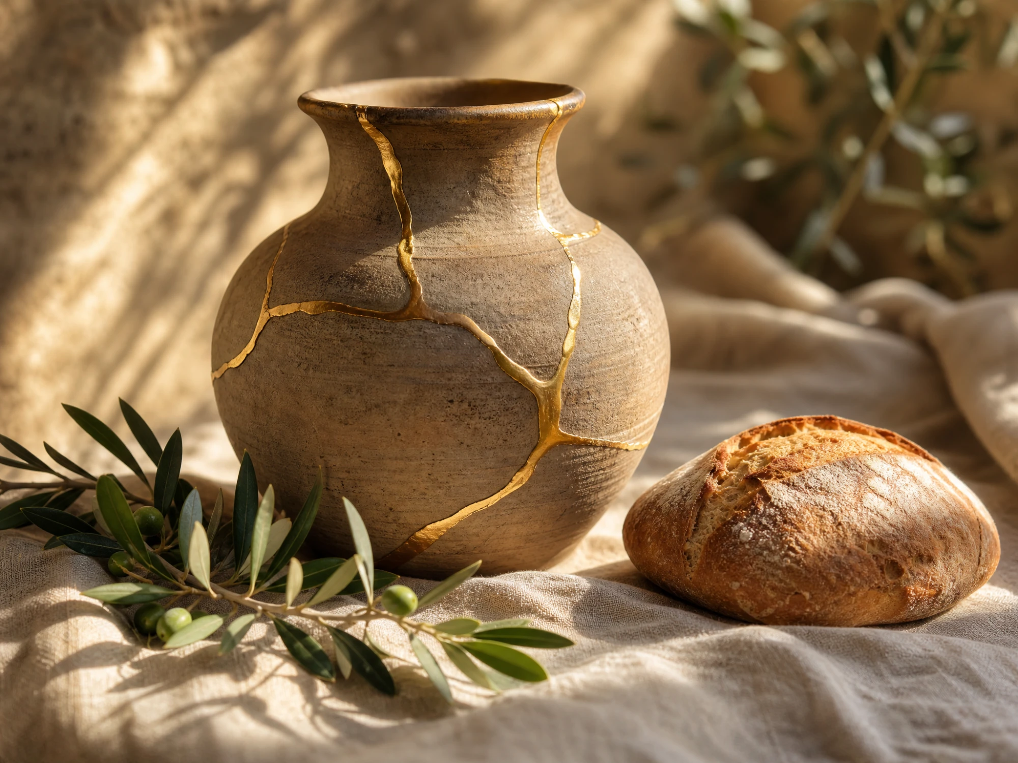 A clay vessel restored with seams of gold in the kintsugi style, standing in warm sunlight on linen beside fresh bread and an olive branch — shalom: what was broken made whole again, nothing missing, nothing broken