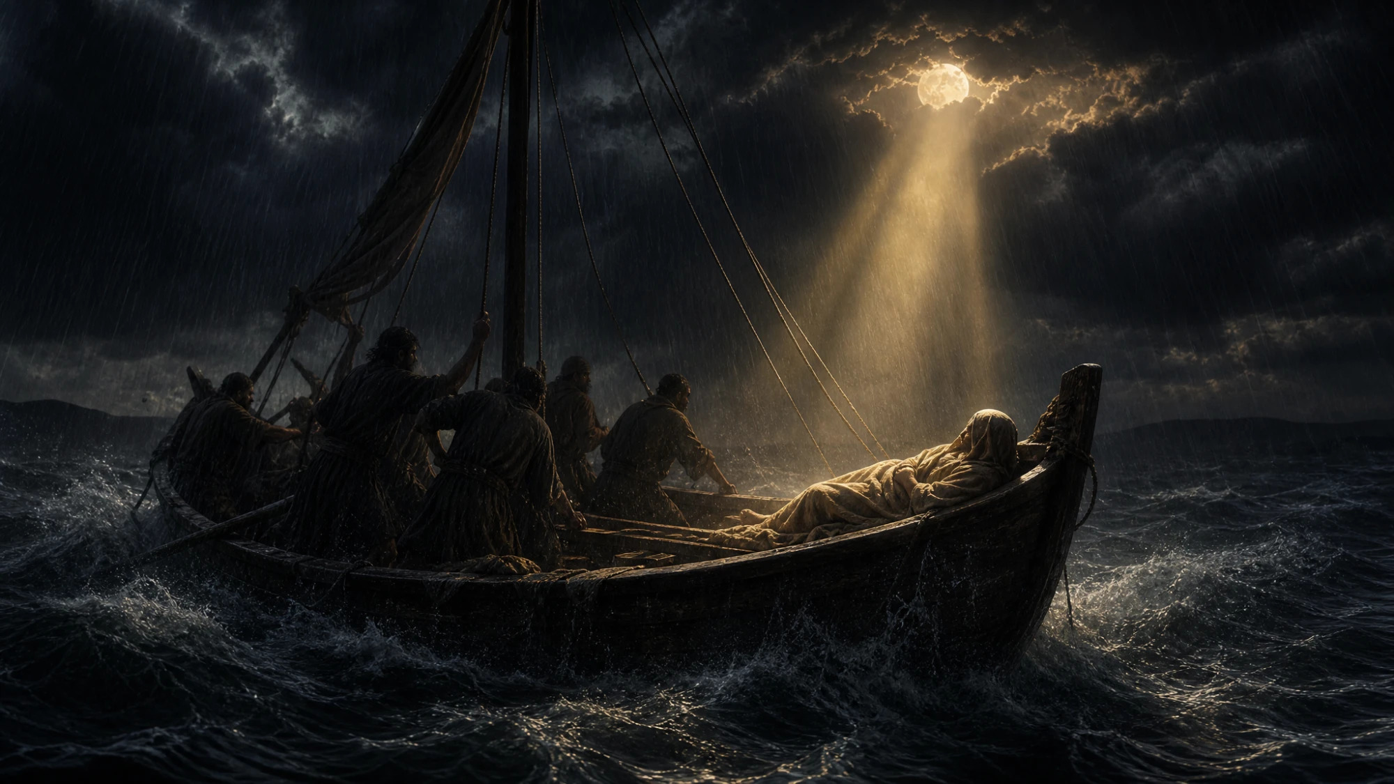 Disciples straining against a violent night storm on the Sea of Galilee while Jesus sleeps undisturbed in the stern of the small wooden boat, a shaft of moonlight breaking through the clouds onto Him — perfect peace resting in authority over the chaos