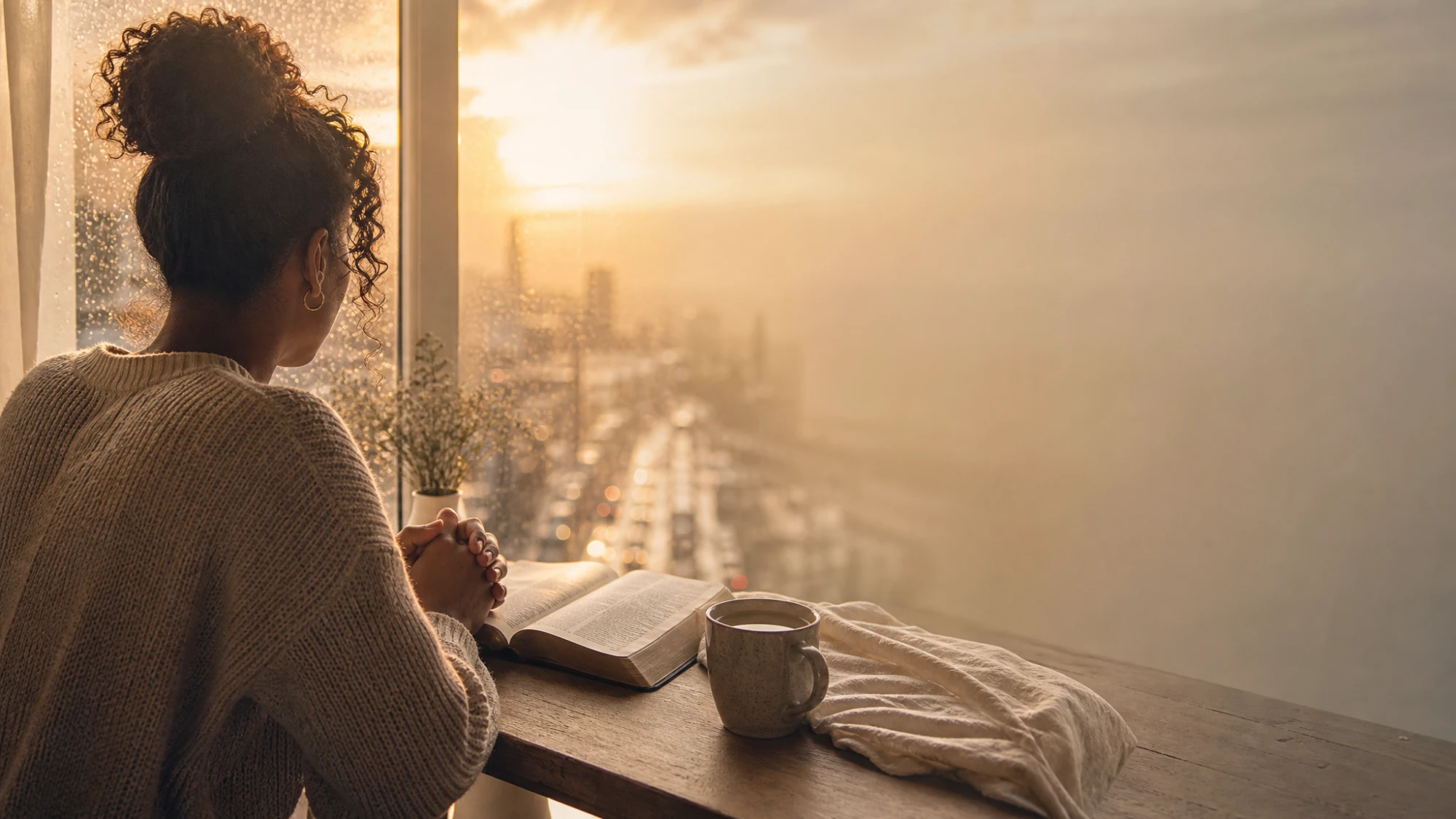 A woman with hands folded over an open Bible at a rain-flecked window, watching dawn break golden over the waking city below — the peace of Christ ruling in the heart, a daily inheritance to live in