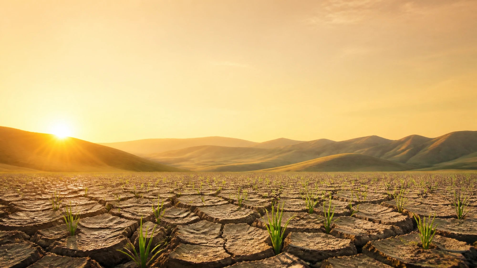 Cracked, dry earth with new green shoots emerging as the sun rises over the hills — Jehovah-Rapha bringing healing and restoration where there was barrenness