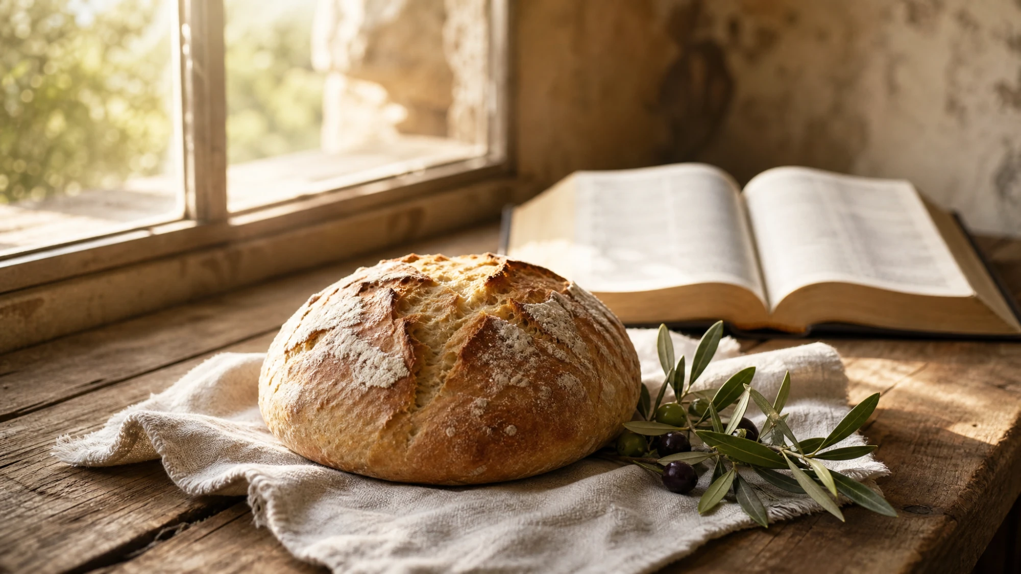 A fresh loaf of artisan bread on a linen cloth beside an open Bible and olive branch in warm window light — healing as the children's daily bread