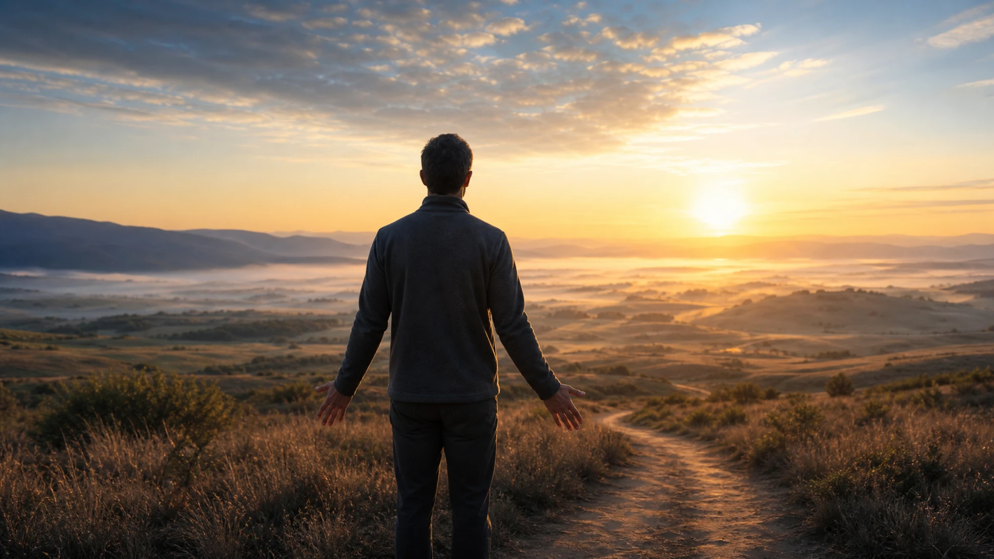 A man standing with open hands at sunrise, facing a winding path through misty hills — receiving by faith the healing God prepared before he was born