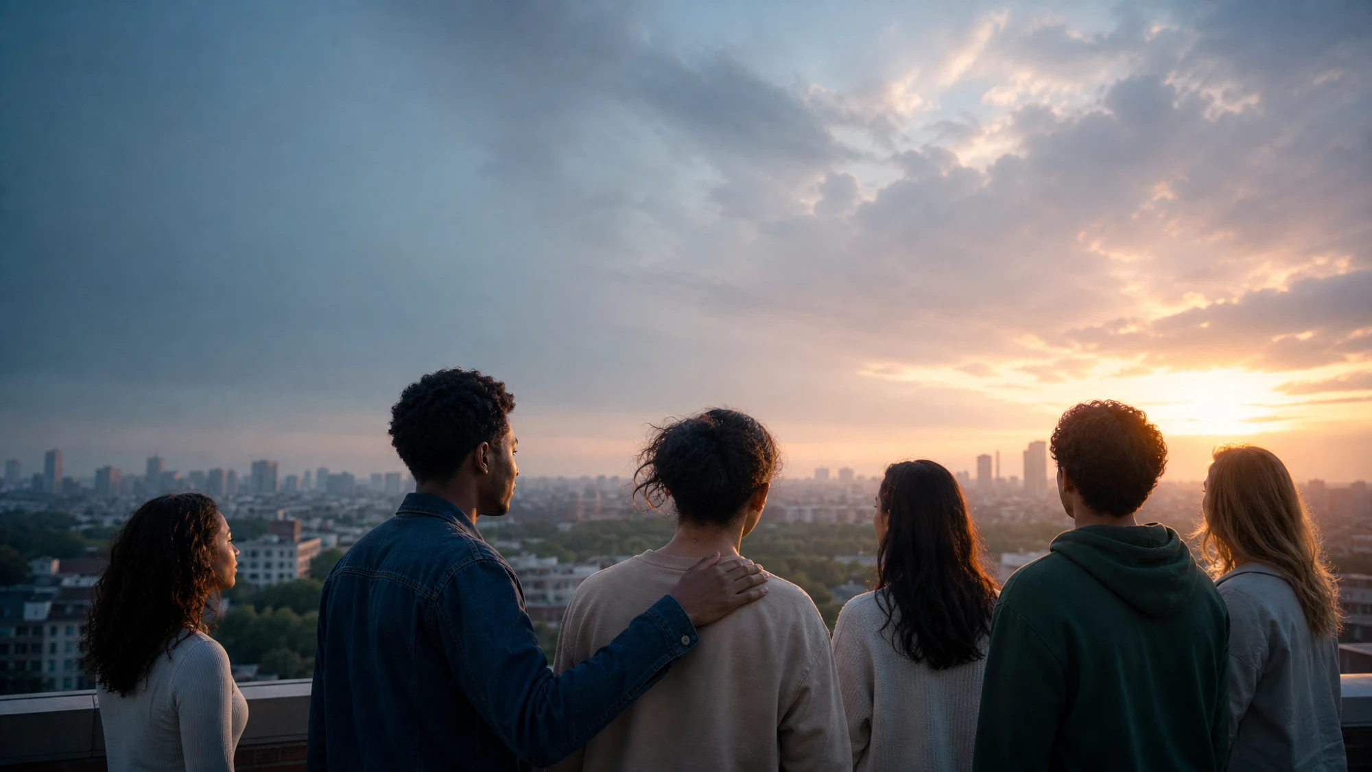 A group of friends standing together on a rooftop at dusk, one resting a hand on another's shoulder, as the sun breaks through storm clouds over the city — carriers of light watching hope rise over a world in darkness