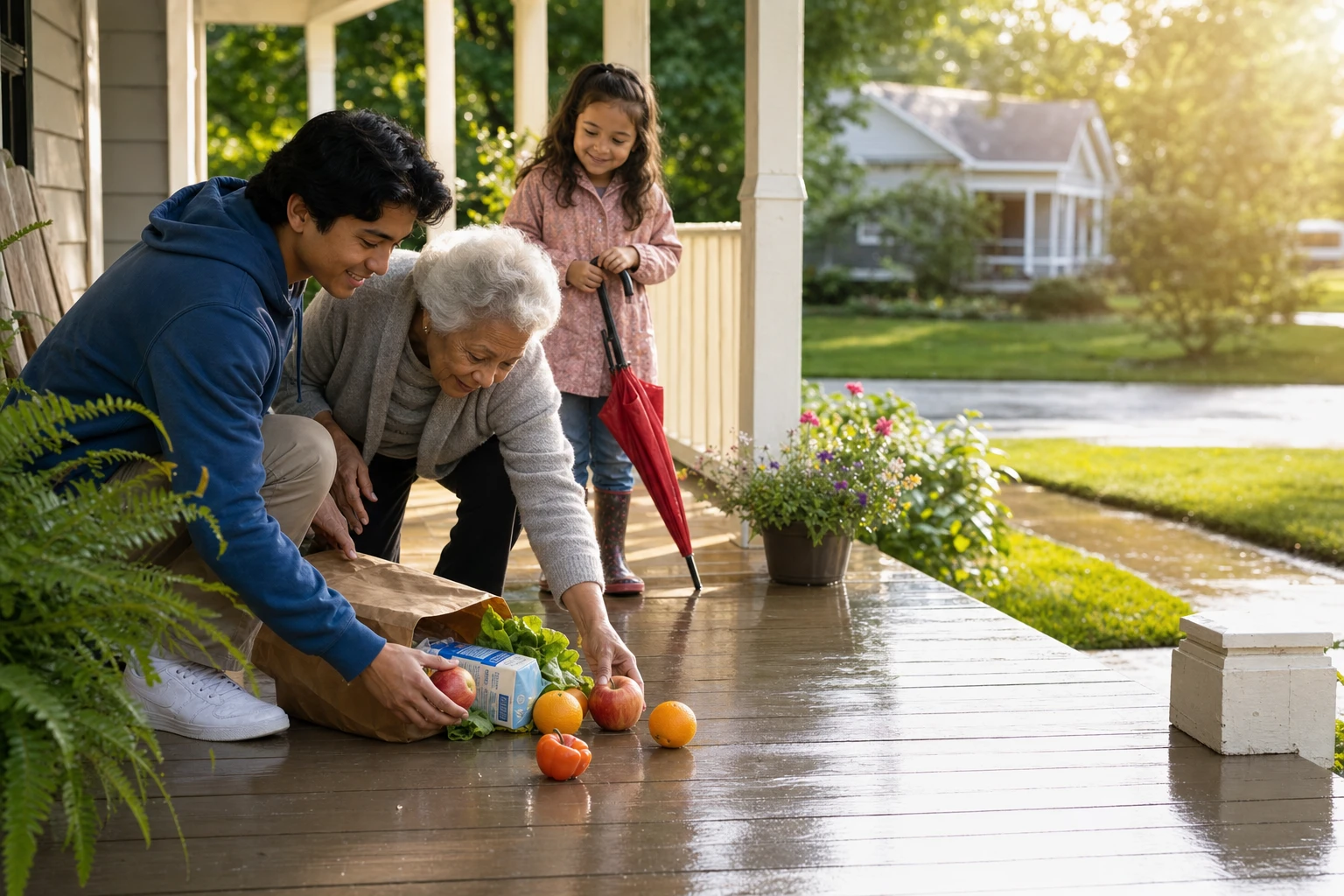 On a rain-washed front porch in golden morning light, a young man kneels beside an elderly woman to gather her spilled groceries while a little girl holds her umbrella — agape love made practical, meeting a neighbour's need without being asked