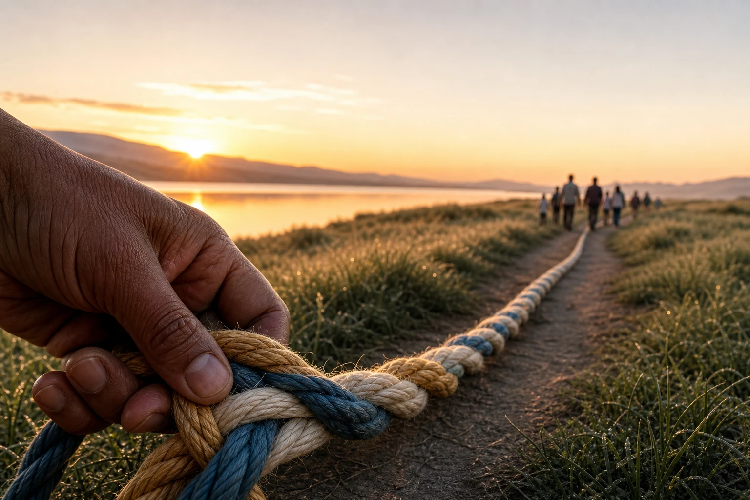 A weathered hand grips a rope of blue, white and gold strands twisted together, stretching along a path where people walk toward the sunrise — the Hebrew picture of lekavot, hope as cords bound strong enough to lead others home