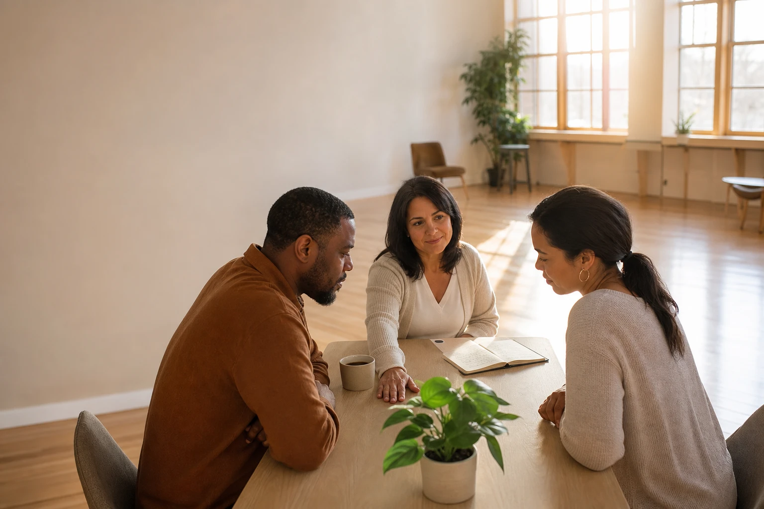 Three people sit close around a wooden table in a calm, sunlit room, an open journal and a small green plant between them as they talk quietly — shalom at work, wholeness and rest shared in unhurried presence