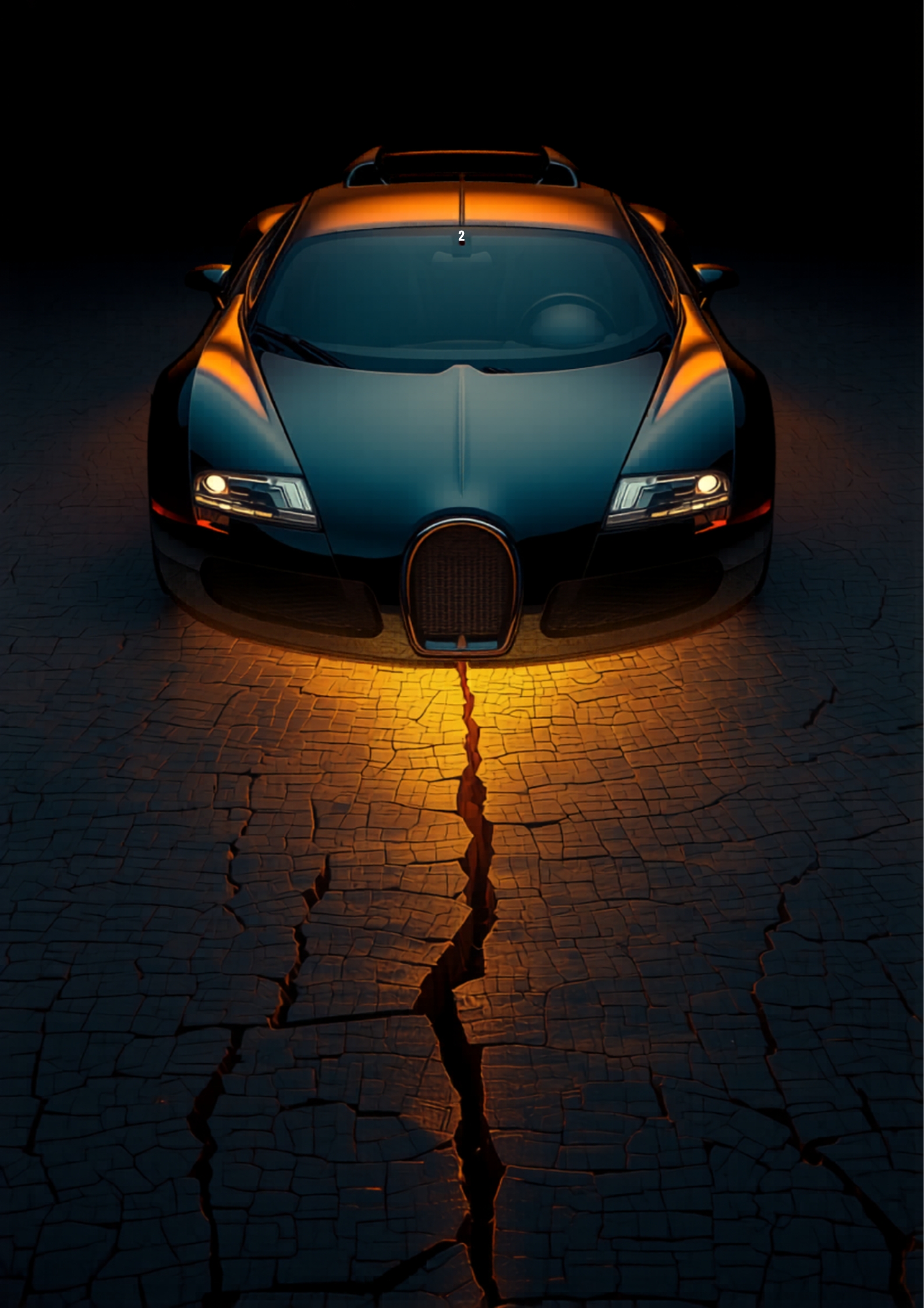 A gleaming luxury sports car over cracked dry earth — exterior perfection hiding inner brokenness
