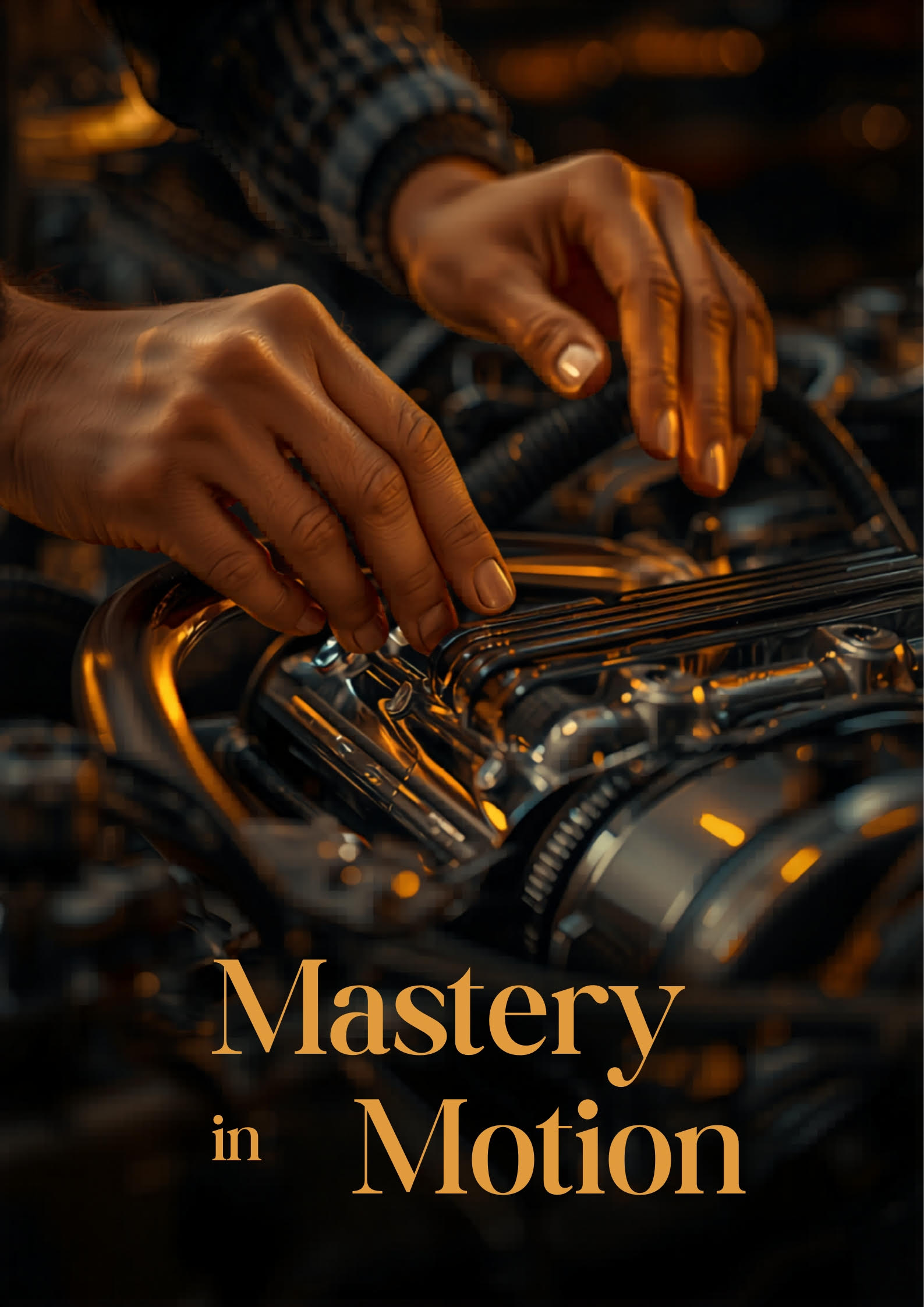 Expert hands working on a gleaming engine — close-up, precision and care visible in warm workshop lighting