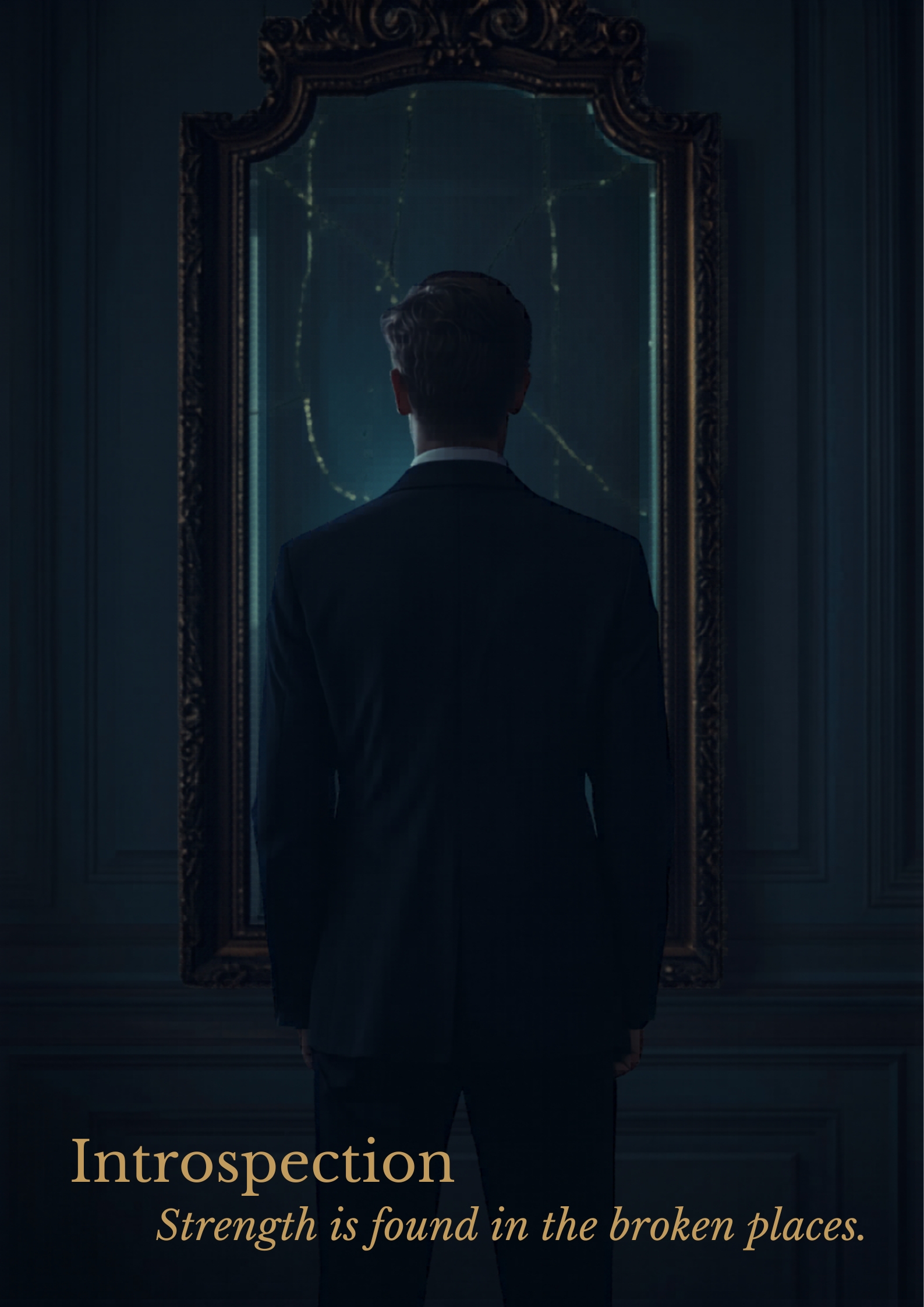 A well-dressed person looking into a mirror — their composed, polished exterior visible, but the reflection subtly showing exhaustion or fracture beneath the surface