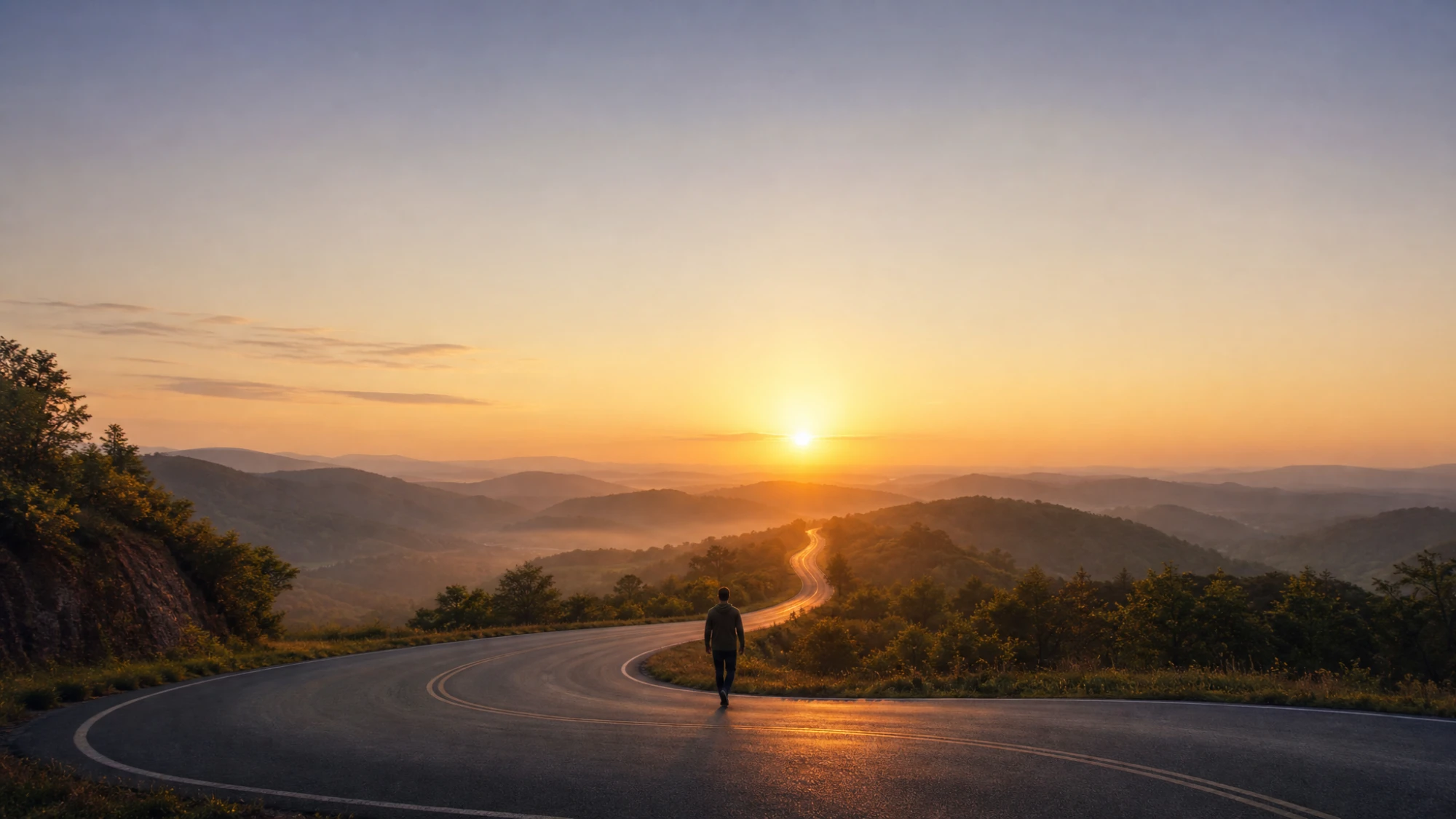 A lone figure walking a winding road toward the sunrise over misty hills — the U-turn of repentance, walking home toward the Father