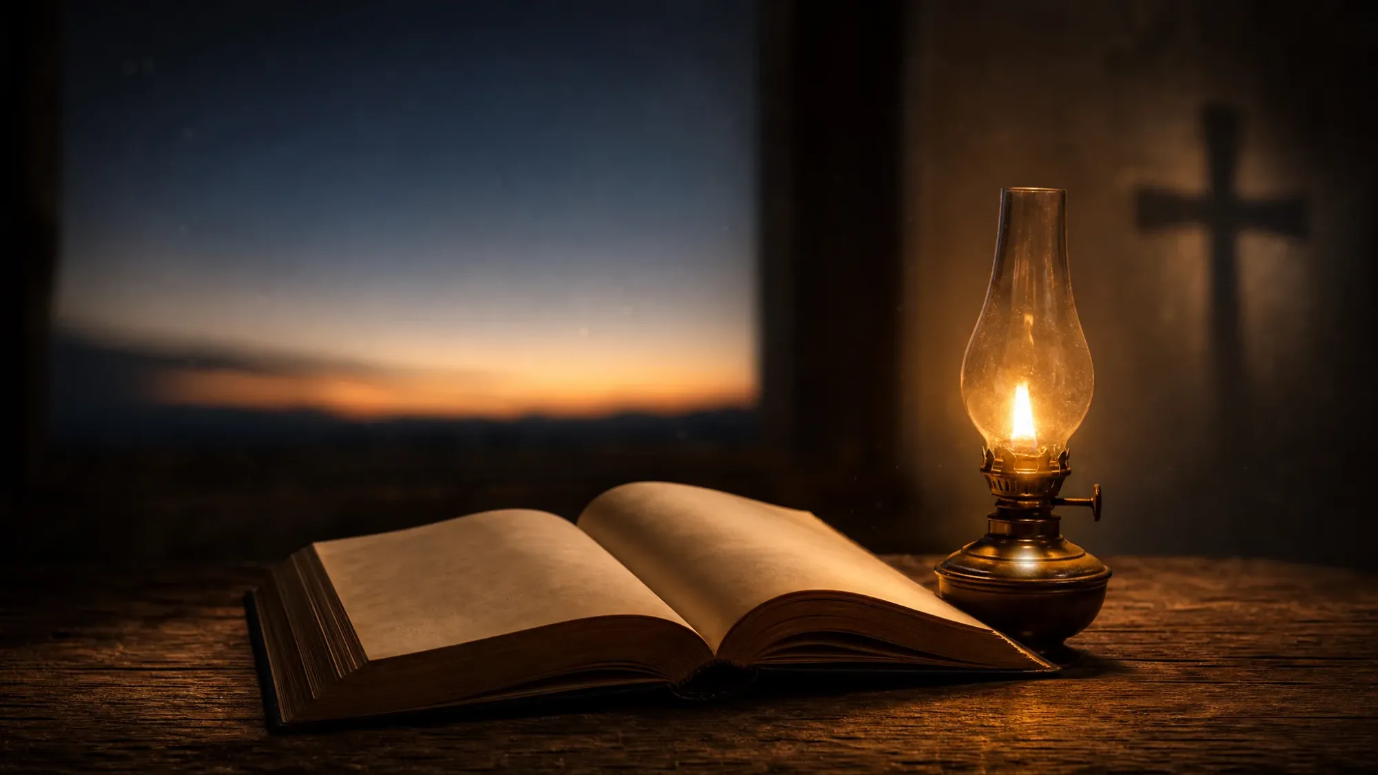 An open Bible beside a glowing oil lamp with the shadow of a cross on the wall — light, Scripture, and Holy Spirit guidance for the daily turn