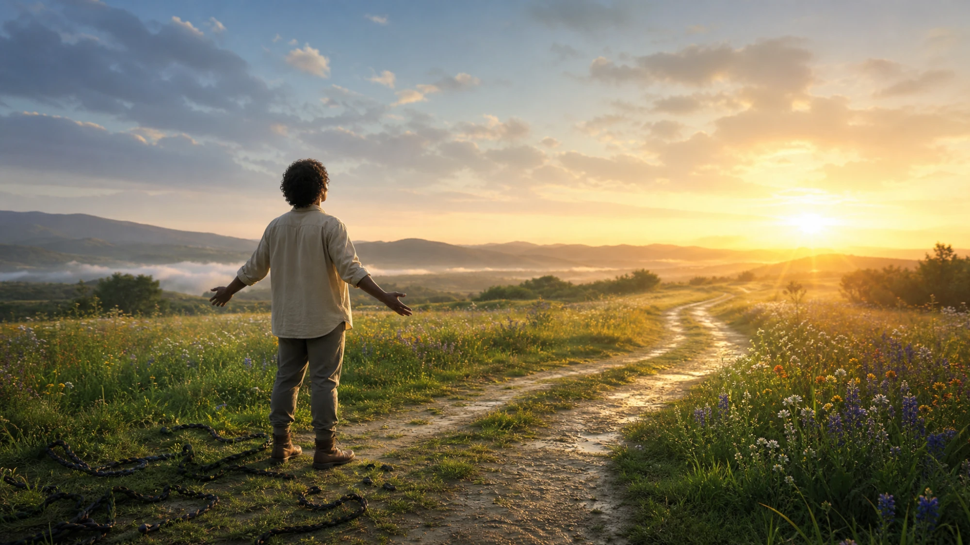 A man standing on a sunrise path with broken chains lying in the grass behind him, arms open toward the light — freedom on the road home