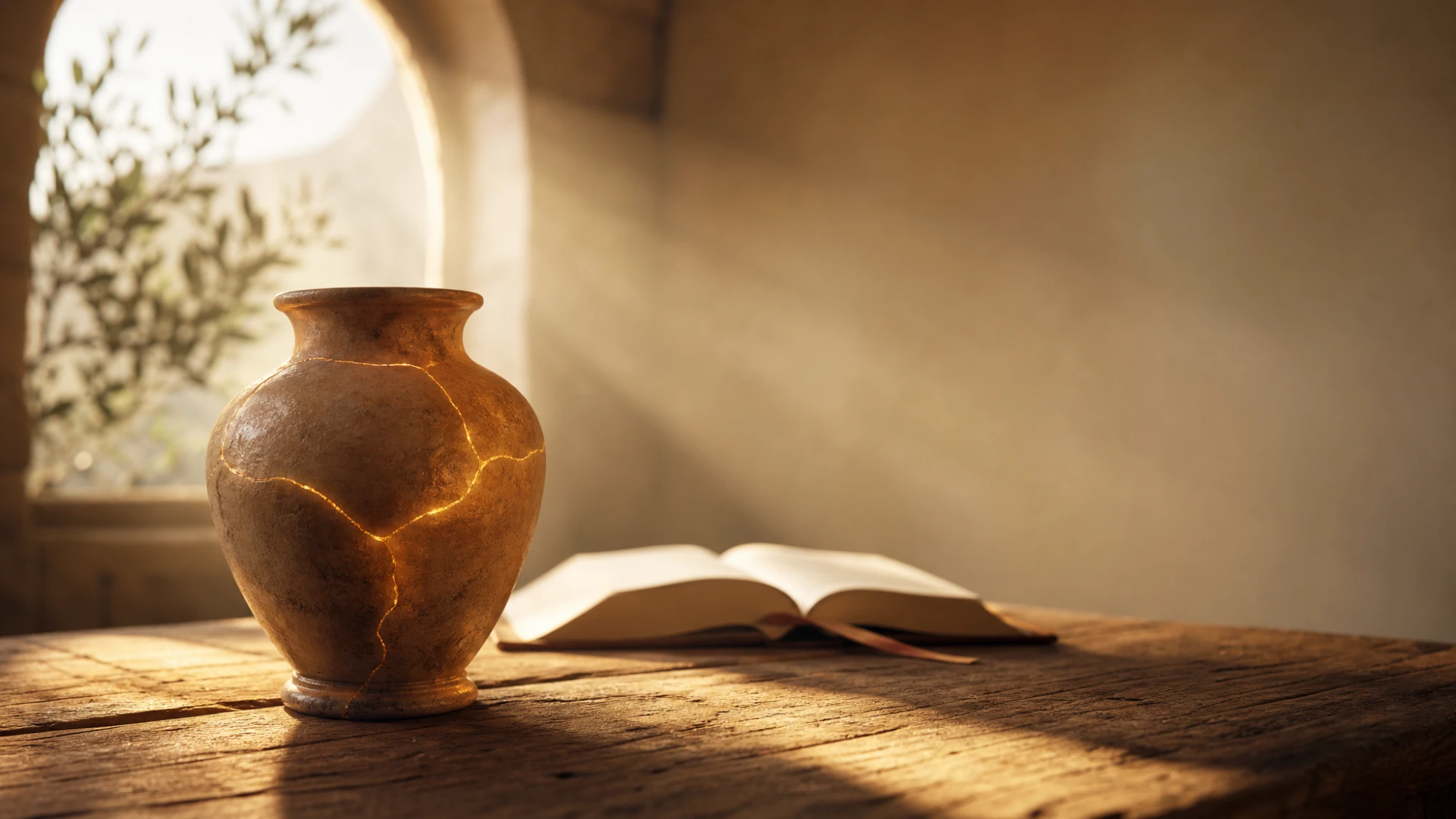 A broken clay jar mended with veins of glowing gold beside an open Bible in warm window light — the biblical picture of restoration making the broken whole and more beautiful than before
