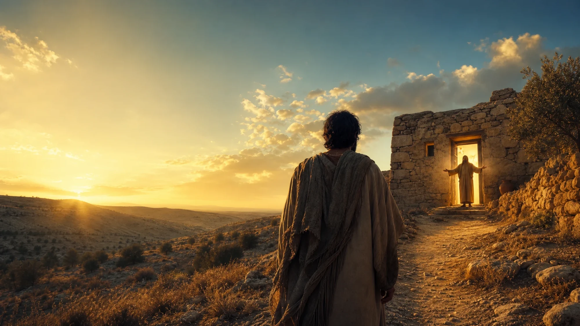 A man in a worn traveling cloak walks a sunlit path toward a stone house at sunset, where a figure waits in the glowing doorway with arms open wide — the returning son of shuv coming home to the Father