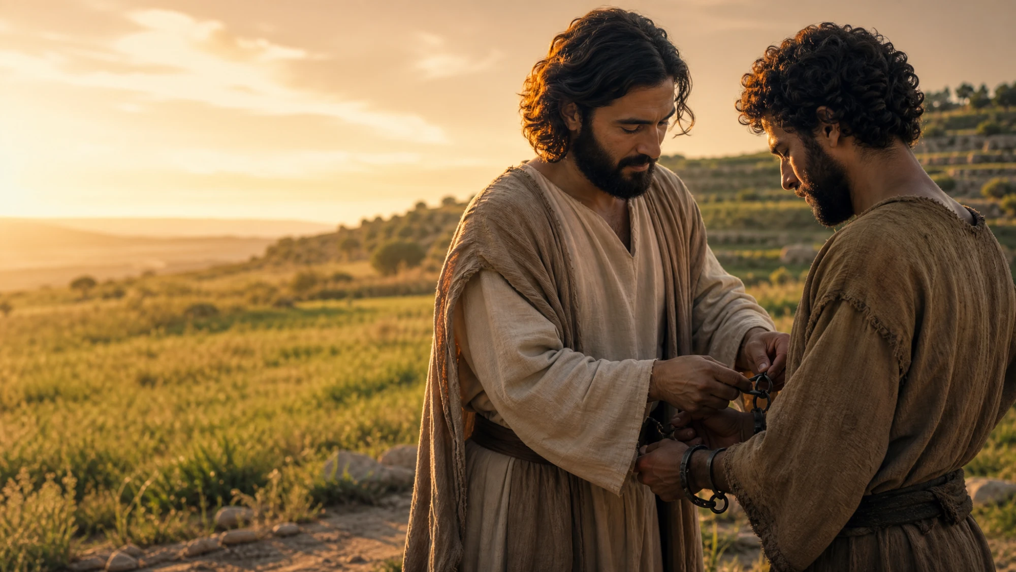 In golden evening light over an open field, a kinsman gently unlocks the iron shackles from the wrists of a bound man — a picture of ga'al, the Kinsman-Redeemer paying the price to set the captive free