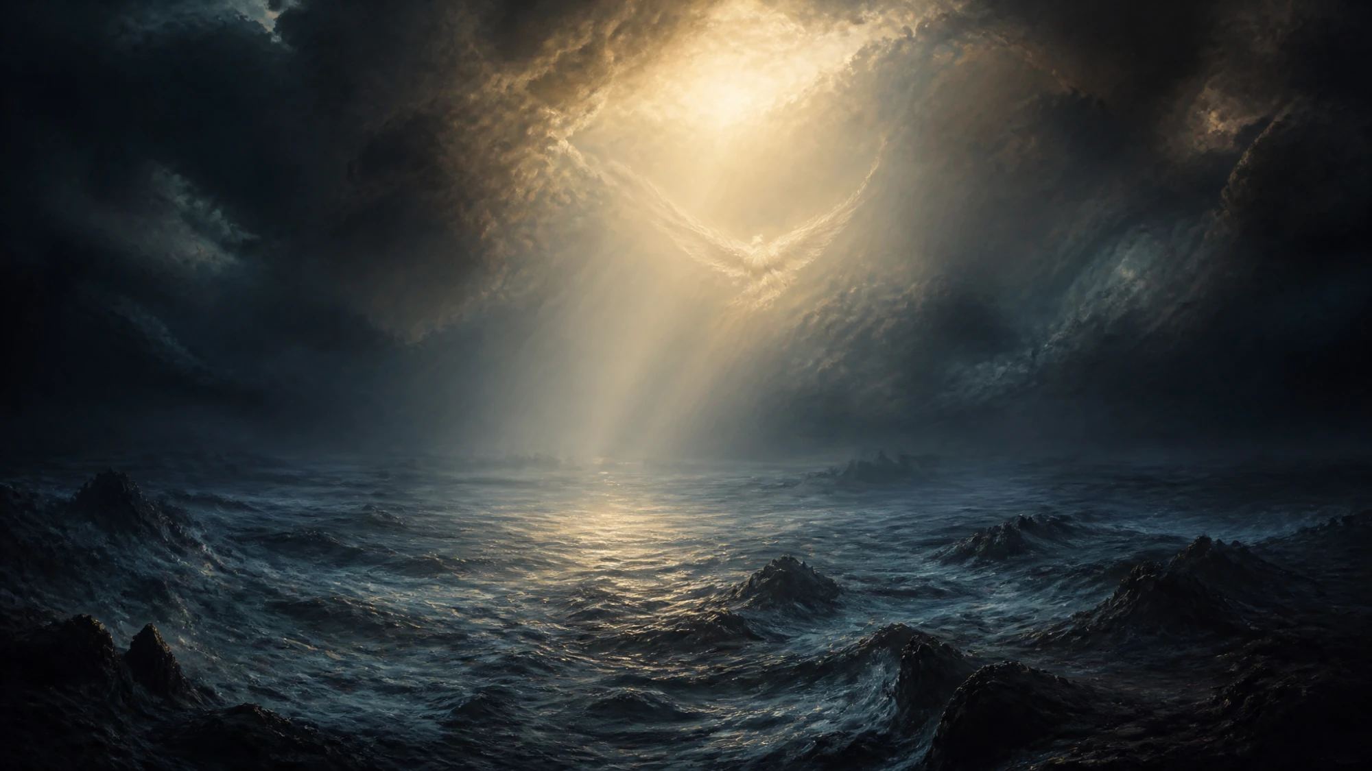 Dark, churning primordial waters under storm clouds, with golden light breaking through in the shape of hovering wings — the Spirit of God over the deep of Genesis 1:2