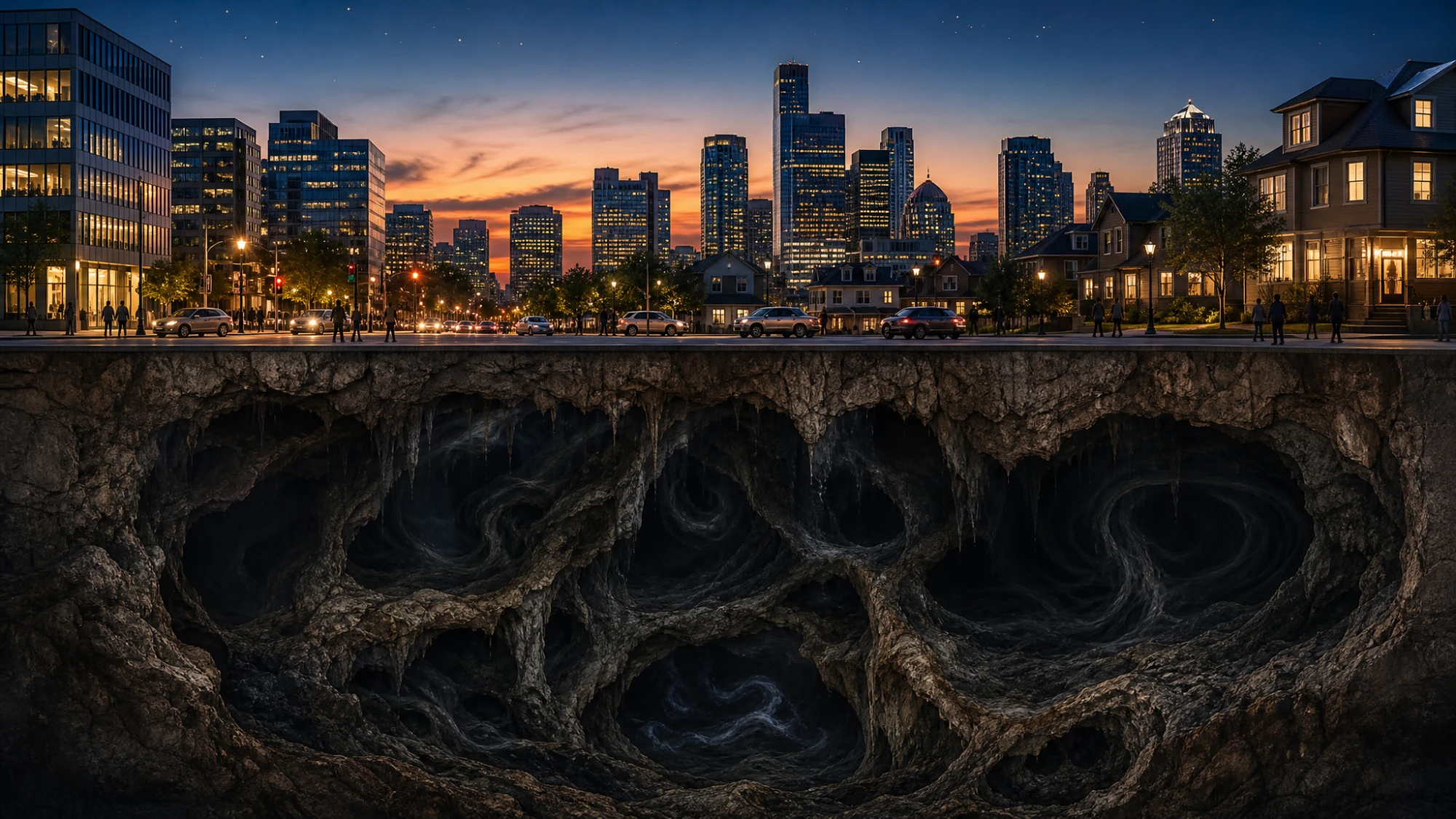 A glittering city skyline at dusk with orderly streets and lit windows — while beneath the surface, a vast dark churning void swirls underground, unseen