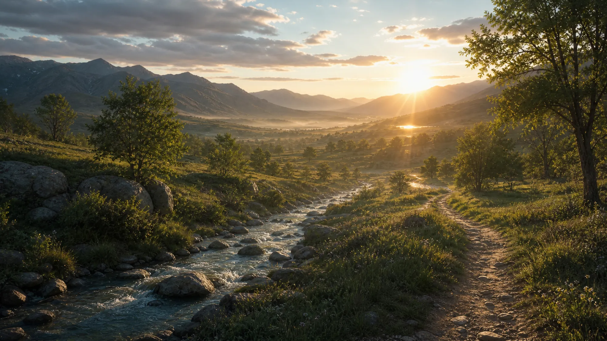 A sunlit valley at dawn — a clear stream flowing beside a winding path through green hills, mist lifting as the sun rises over the mountains — new life where God has spoken