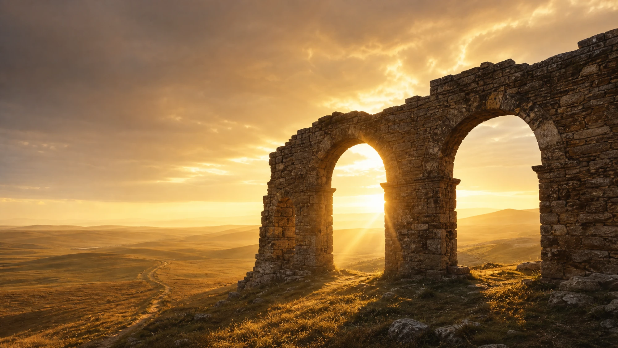 Golden dawn light breaking through ancient stone arches over open rolling fields — the Hebrew truth about God-written destiny