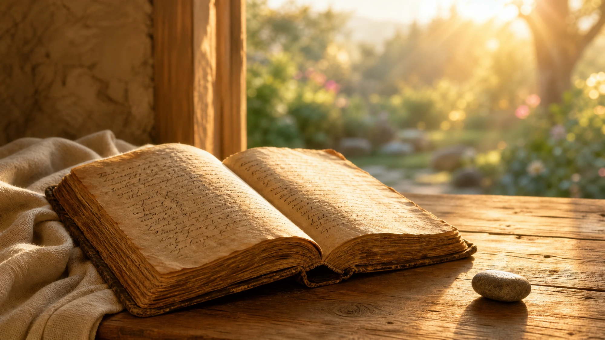 An open ancient manuscript beside a smooth lot-stone on a wooden table in morning light — Goral, the portion God appointed before you were born