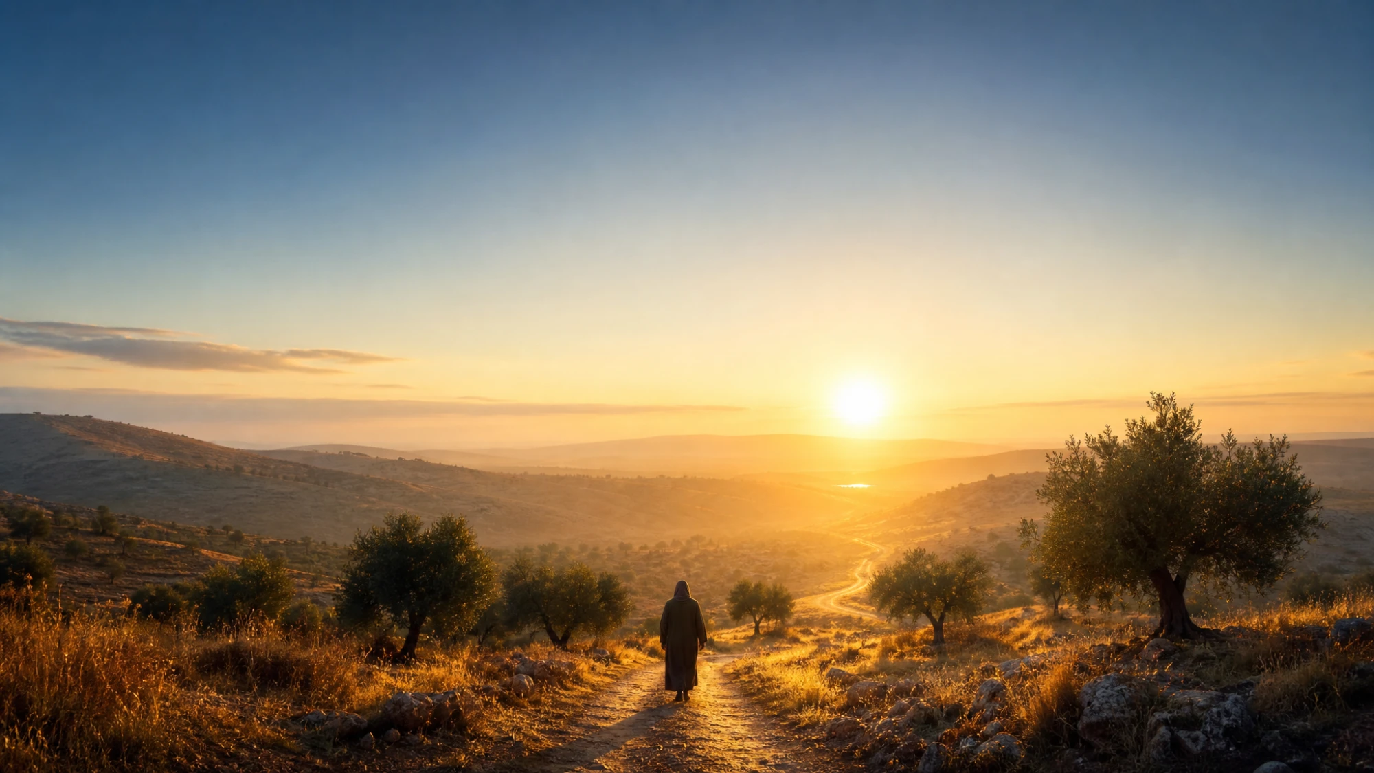 A lone figure walking a winding path through olive trees toward the rising sun — stepping into the destiny God designed before you were born